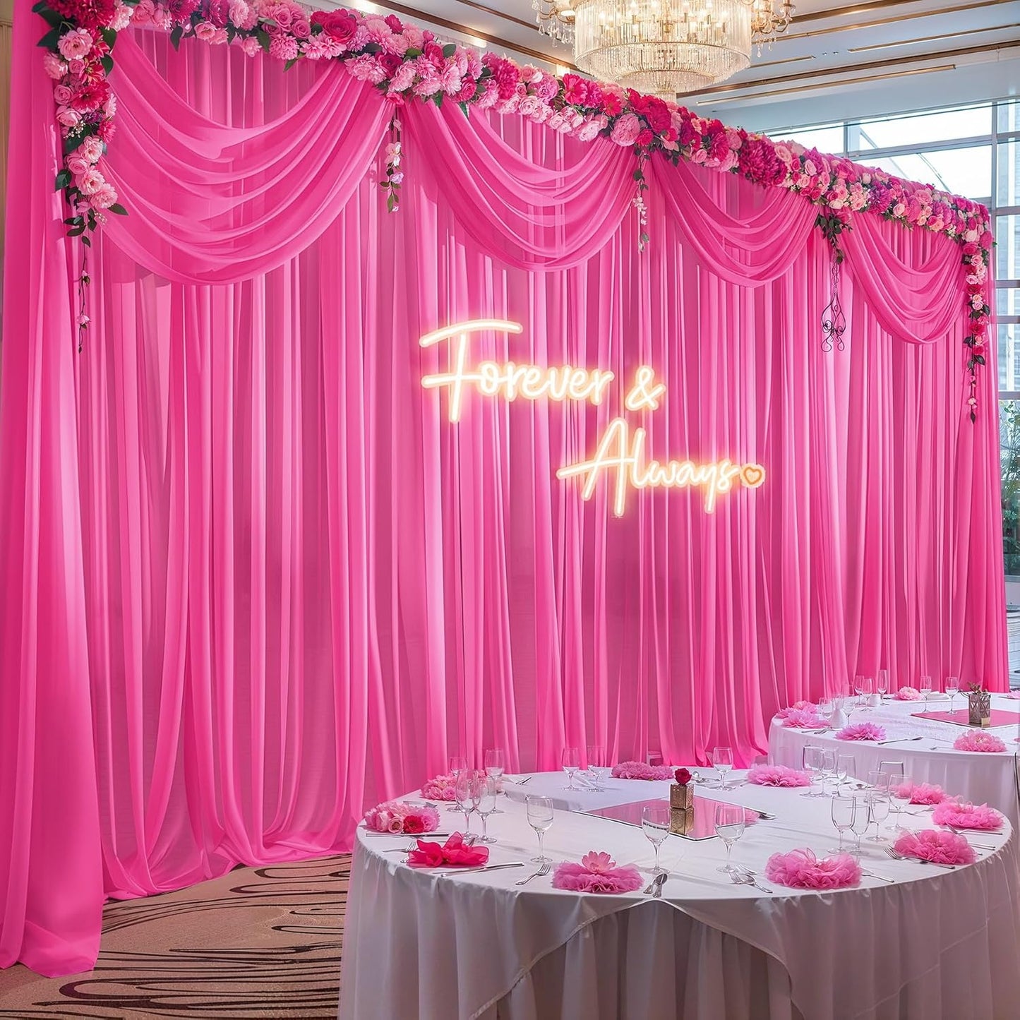 10ft x 10ft Hot Pink Backdrop Curtains, Wrinkle-Free Sheer Chiffon Fabric Photo Backdrop Drapes for Wedding Arch Party Ceremony Stage Photography Decorations