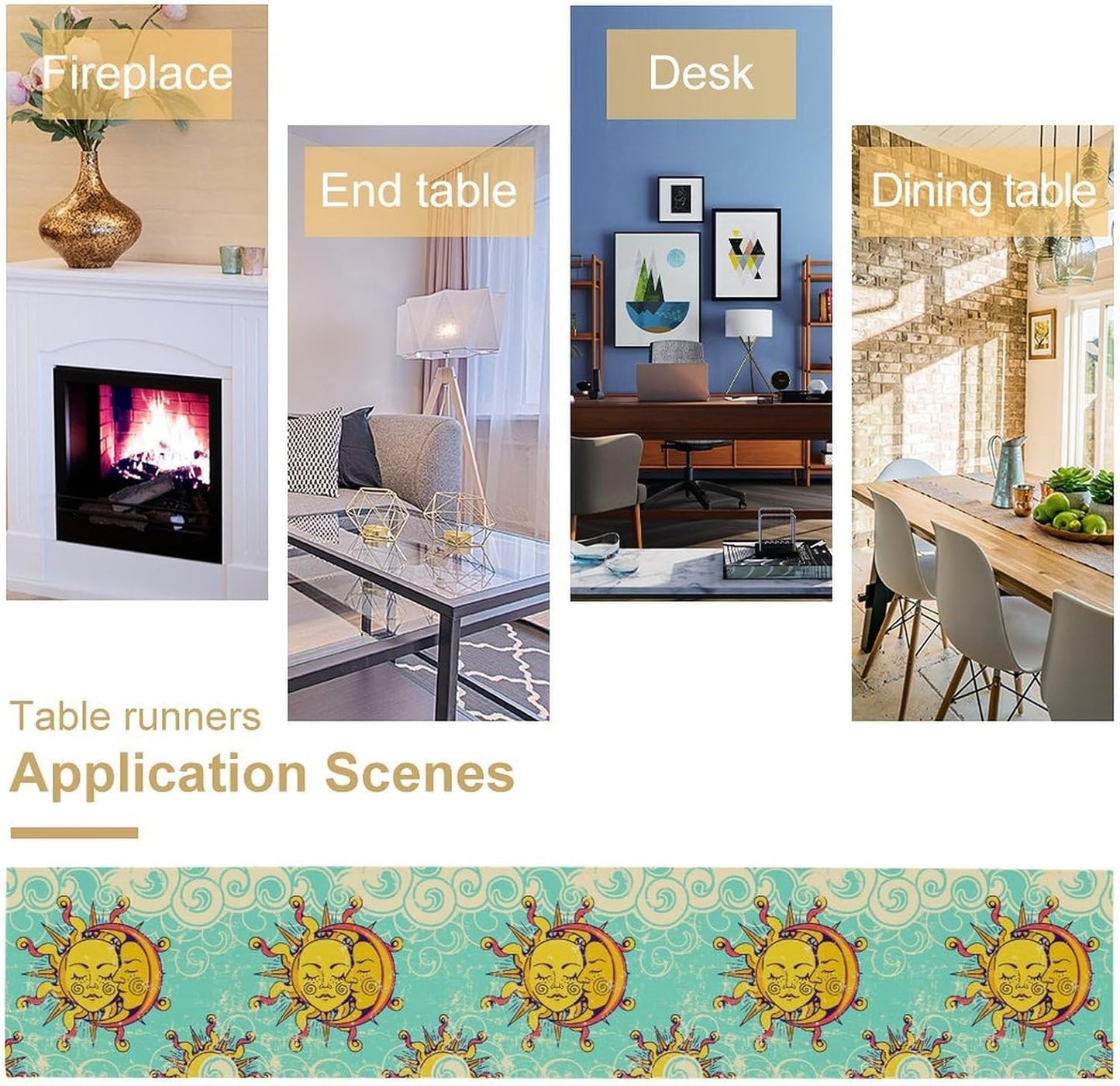 Retro Sun Moon Table Runner, Phase of The Moon Vintage Cloud Table Runner for Kitchen Dinner Living Room Table Runner Yellow Floral, 13x60 Inch Yellow Blue