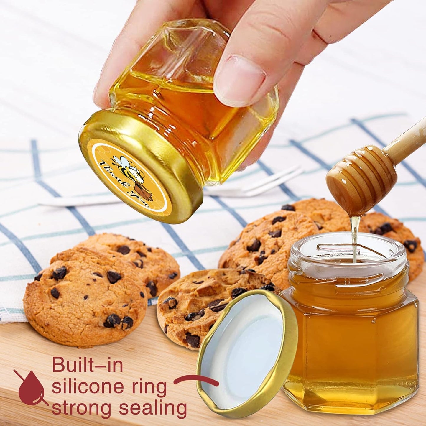 Aliggbent 96 Pack Mini Honey Jars Party Favors in Bulk, 1.5 oz Small Hexagon Glass Honey Jars with Dippers, Lids, Cute Stickers, Bee Charms, Gift Bags and Jute for Baby Showers, Weddings & Birthdays