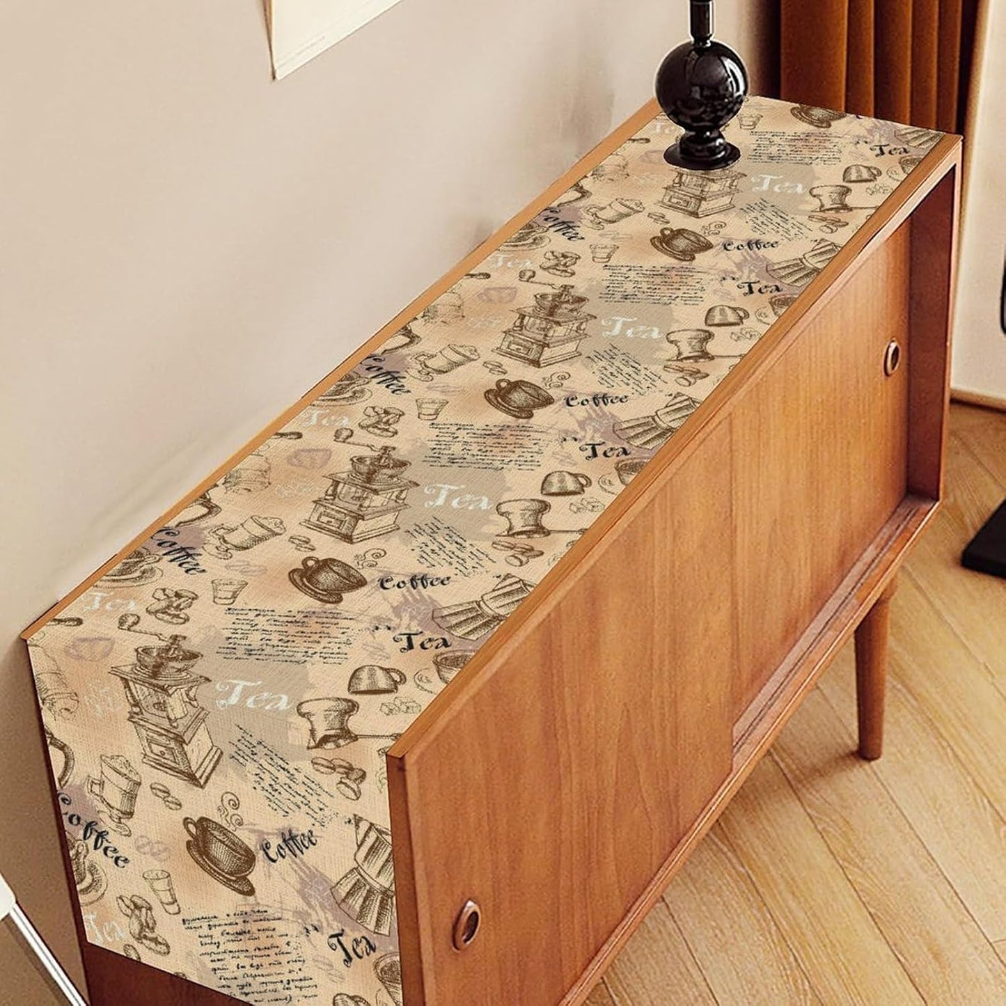 Coffee Theme Table Runner, Rustic Farmhouse Coffee Cup Tea Party Cafe Table Center Decor for Home Kitchen Dining Patio Holiday Party Indoor Outdoor Table Decorations,13"x90" Inch