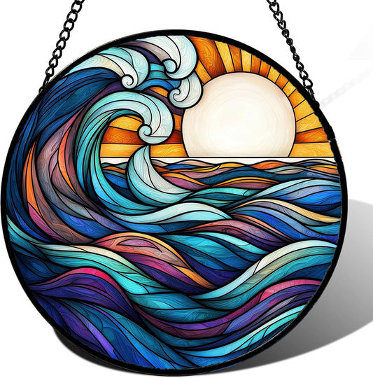 Stained Glass Window Hanging, Big Wave Sun Suncatcher Diamond Glass Panel Hangings Abstract Sun Catchers Decor for Birthday for Women, Men, Wife, Aunt, and Mom 14.9x14.9 in
