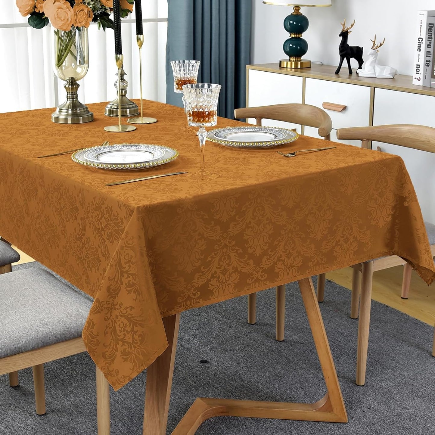 Square Table Cloth - 52 x 52 Inch Brown Jacquard Tablecloths Damask Design Spillproof Wrinkle Resistant Shrinkproof Soft Tablecloth Polyester Oblong Table Cover for Kitchen Dinning Party Tabletop
