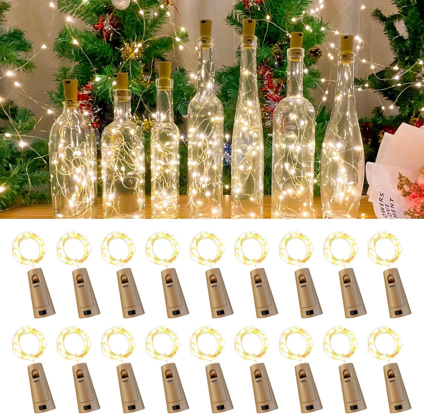 18 Pack Wine Bottle Lights with Cork, 20 LEDs, 6.6 Ft, Fairy Mini String Lights for DIY Jar Halloween, Christmas, Party Decoration, Wedding Listing (18 Pack, Warm White)