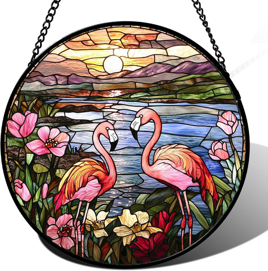 Stained Glass Window Hanging - Flamingo Wildflowers Landscape Suncatcher for Door Terrace Garden Home Decor Sunset Lake Sun Catcher Birthday Gifts for Lovers Women Men Dad Mom Nana 7.8 in