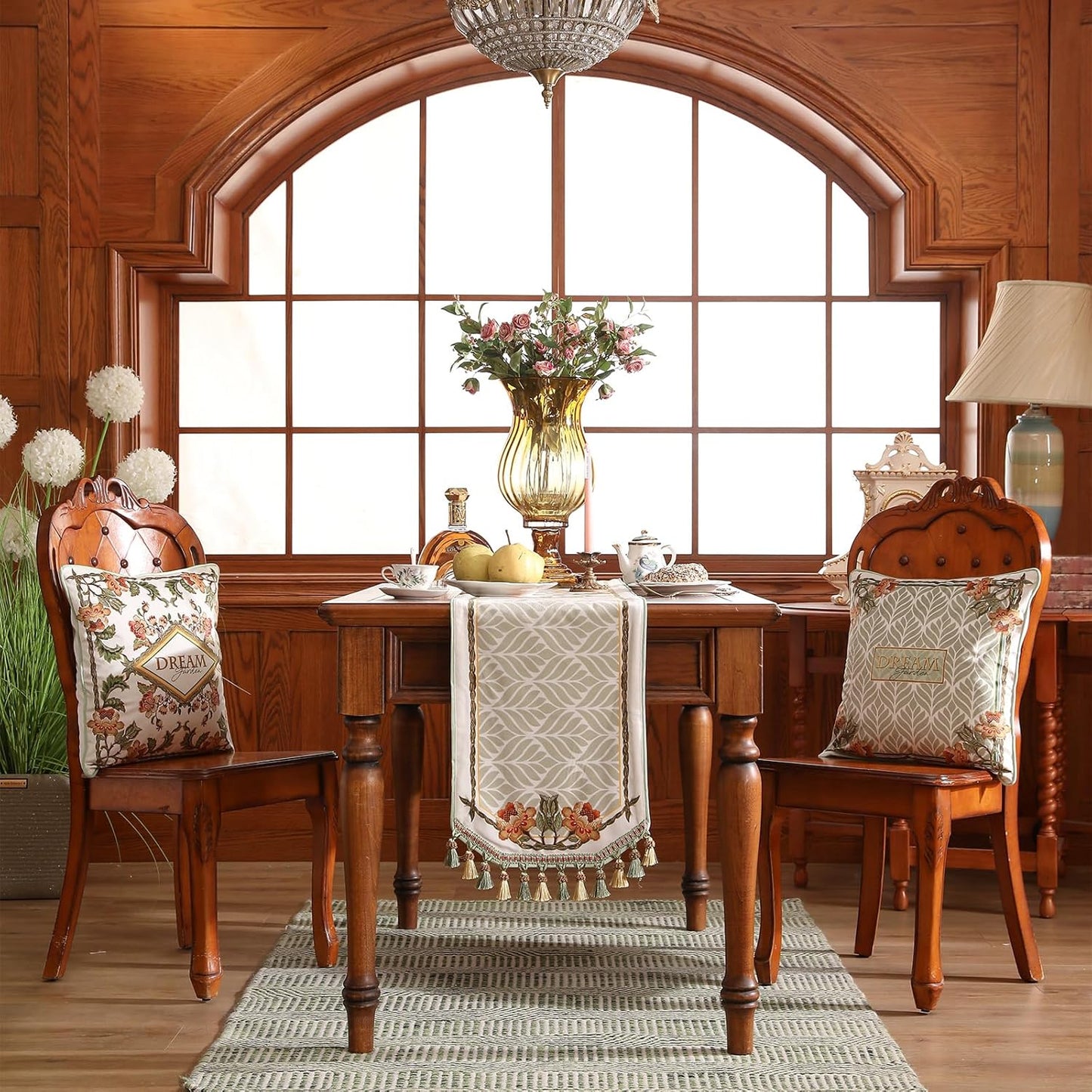 patdrea Designer Elegant French Floral Velvet Table Runner 71 Inch Long, Green with Orange Blossoms Pattern Table Mat, Decor for Kitchen Dining Coffee Table Cabinet Banquet Thanksgiving,12"*71"