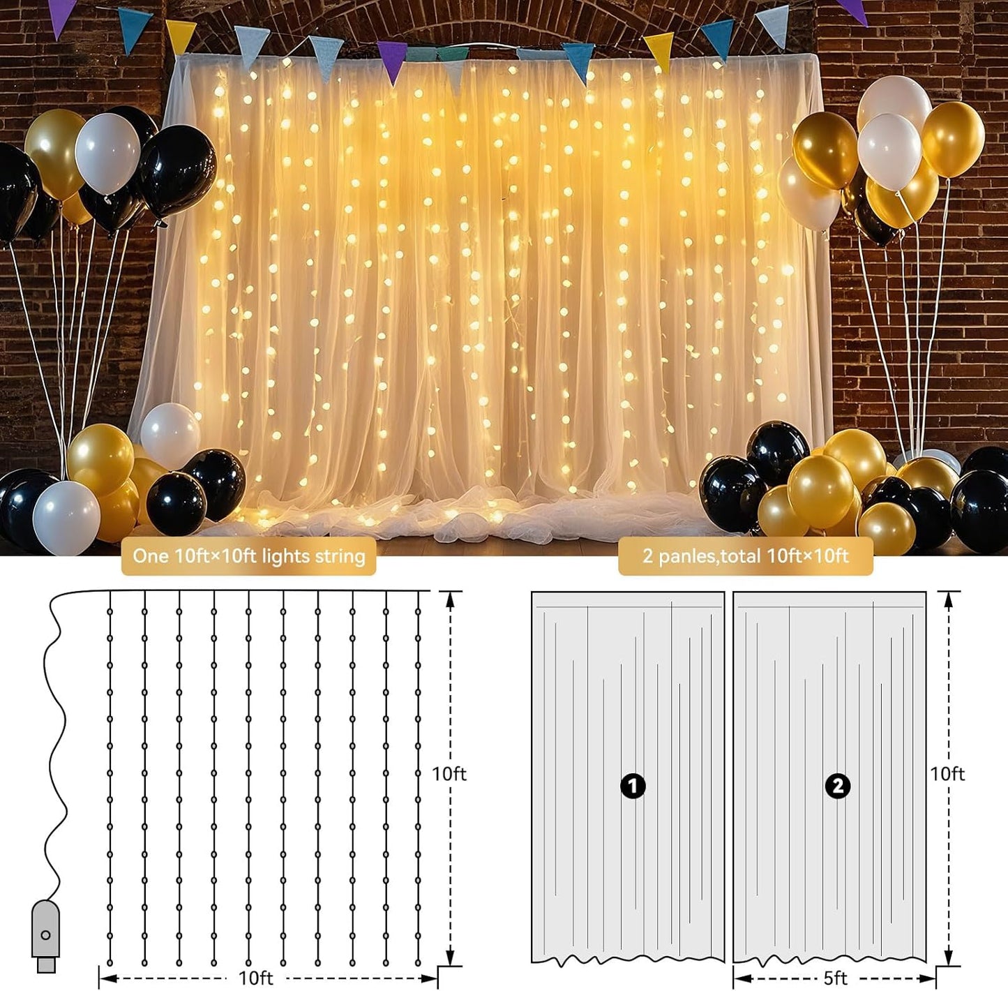 Ledido 10×8ft Tulle Backdrop Curtains with Lights String - 300LED Fairy Lights Sheer Curtain Backdrop for Weddings Baby Shower and Birthday Party Decorations(4 Panels 5×8ft)