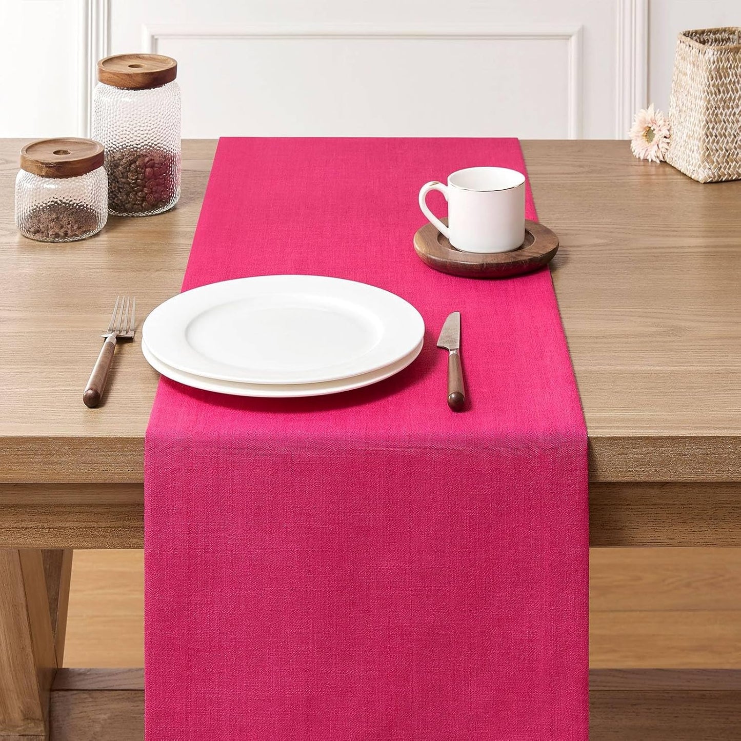 ZeeMart Linen Textured Border Table Runner, 14 x 108 Inch Hot Pink, Farmhouse Style Pink Table Runners 108 Inches Long, Easy Care Everyday Polyester Table Runner