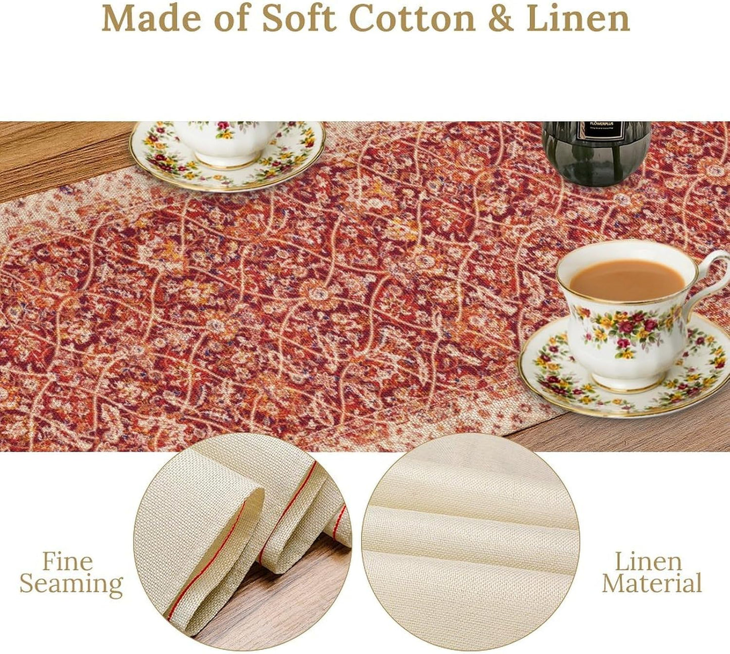 Boho Floral Vintage Table Runner, Retro Red Flower Rustic Country Farmhouse Abstract Pattern for Home Kitchen Table Decor Dining Coffee Room Party Decor 13x72in