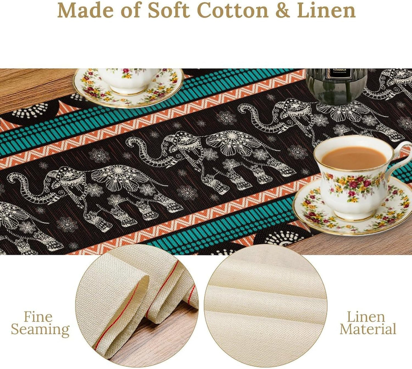 Boho Elephant Table Runner, Vintage Tribal Traditional Bohemian African Animals Ethnic Folk Table Center Decor for Home Kitchen Dining Patio Holiday Party Indoor Table Decorations, 13"x72" Inch