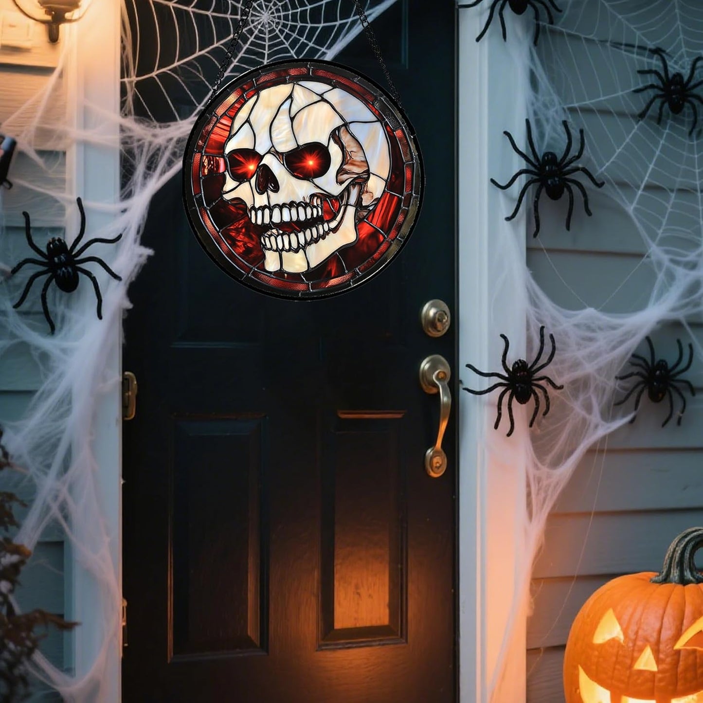 Stained Glass Window Hanging - Halloween Decorations White Skeleton Suncatcher for Doors Garden Indoor Spooky Funny Red Sun Catchers Gothic Decor Horror Gifts for Women Men Friend 7.8 in
