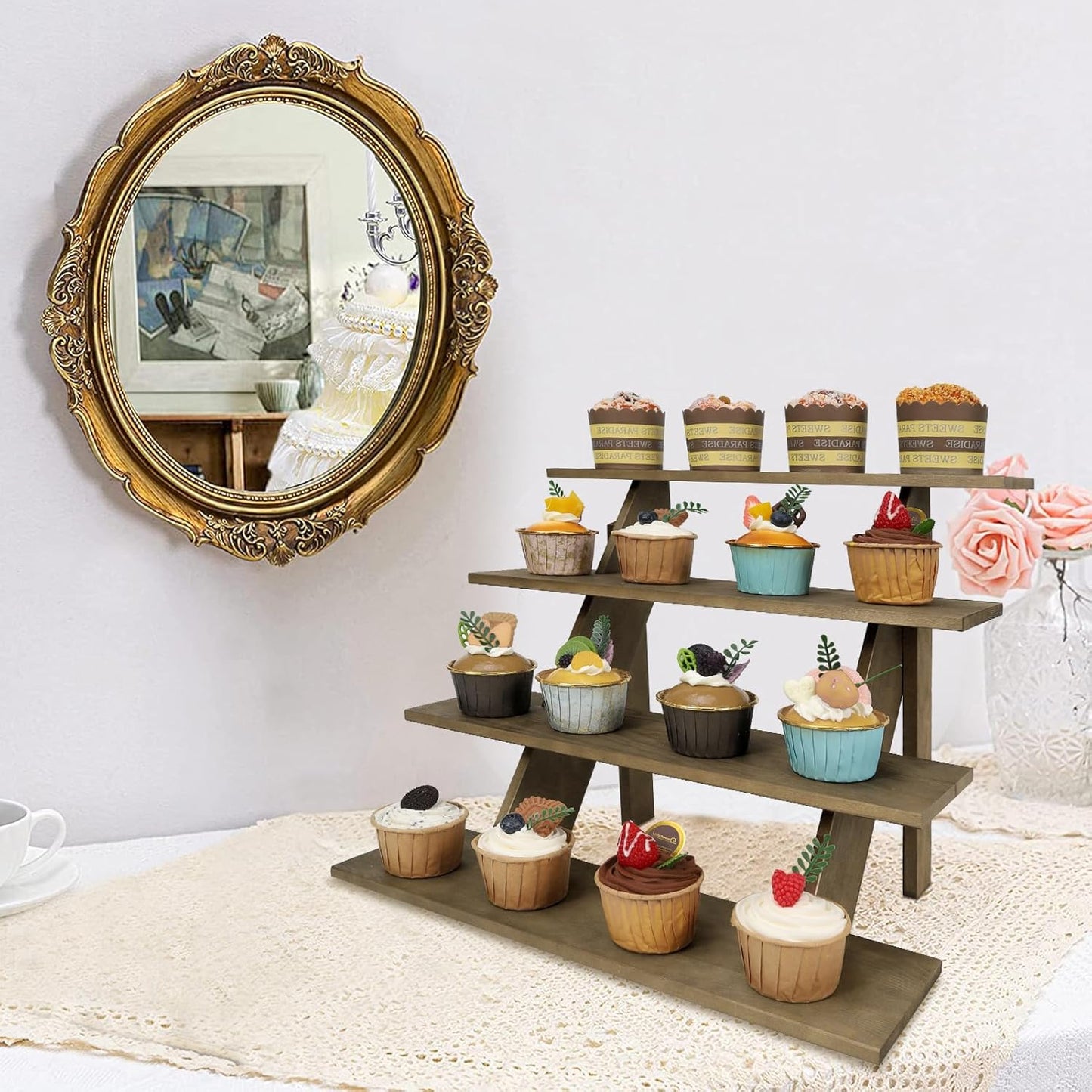 ZYP 4 Tier Wood Cupcake Display Stand Tool Free Retail Cookie Display Riser,Rustic Tiered Table Display Stand for Vendors Home Wedding Party,Brown