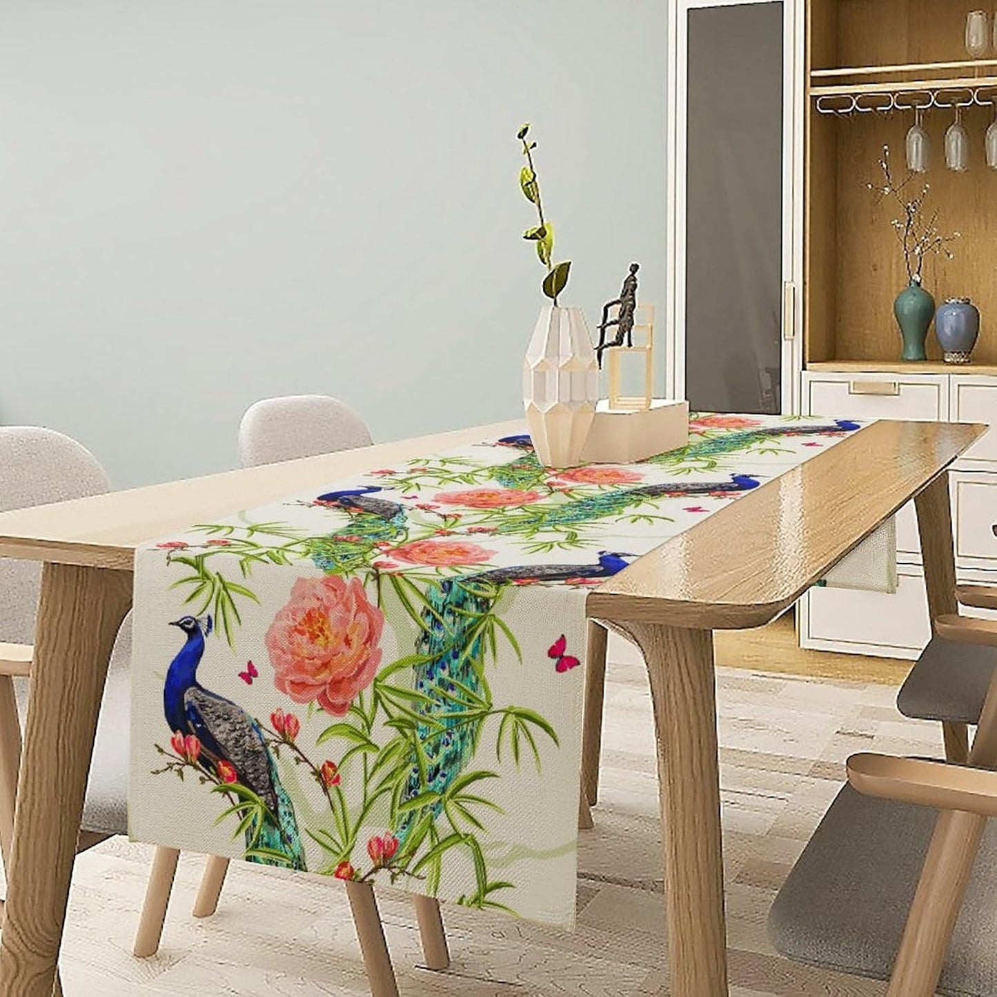 Peacock Table Runner,Seasonal Flower Plants Peacock Birds Table Runner for Home Kitchen Dining Party Indoor Outdoor Decoration 13x90 Inch