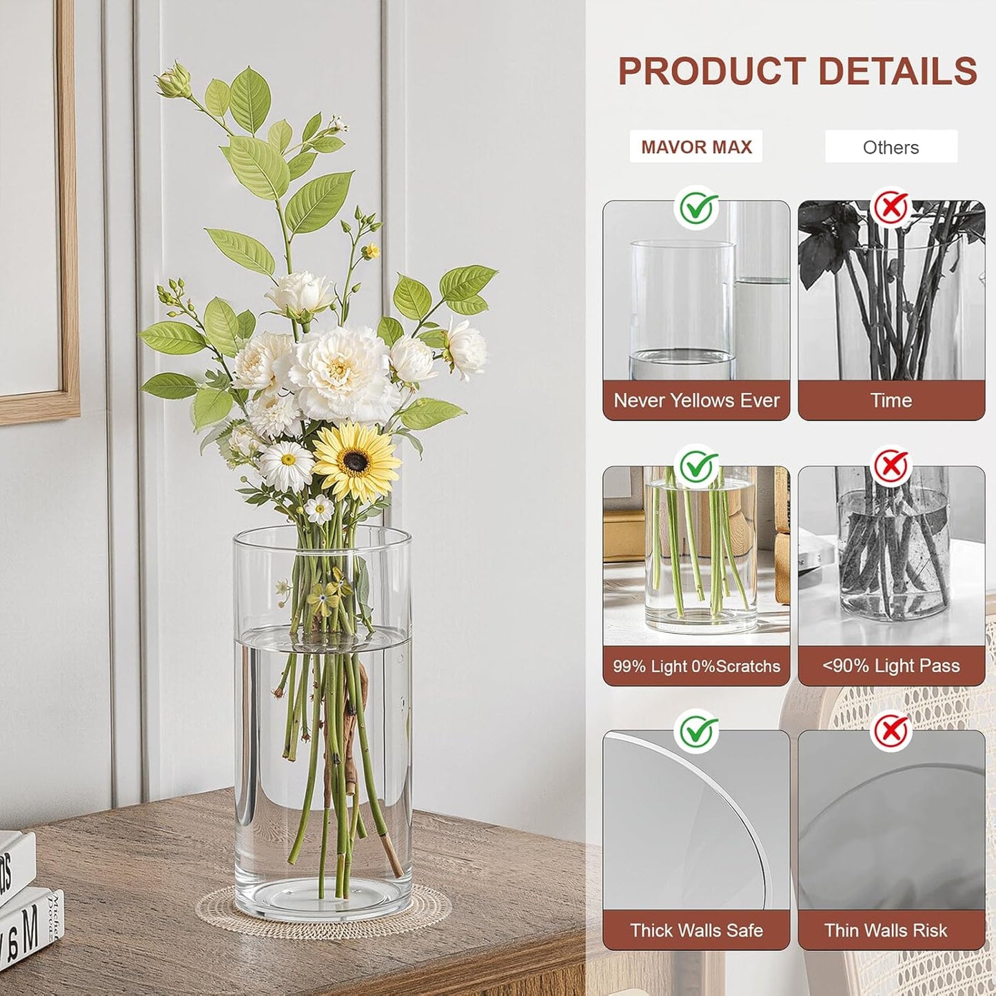 10 Pack Glass Cylinder Vase for Centerpieces, Clear Flower Glass Vases for Wedding Decorations, Hurricane Floating Candle, Holder for Table Centerpiece Wedding Home Décor