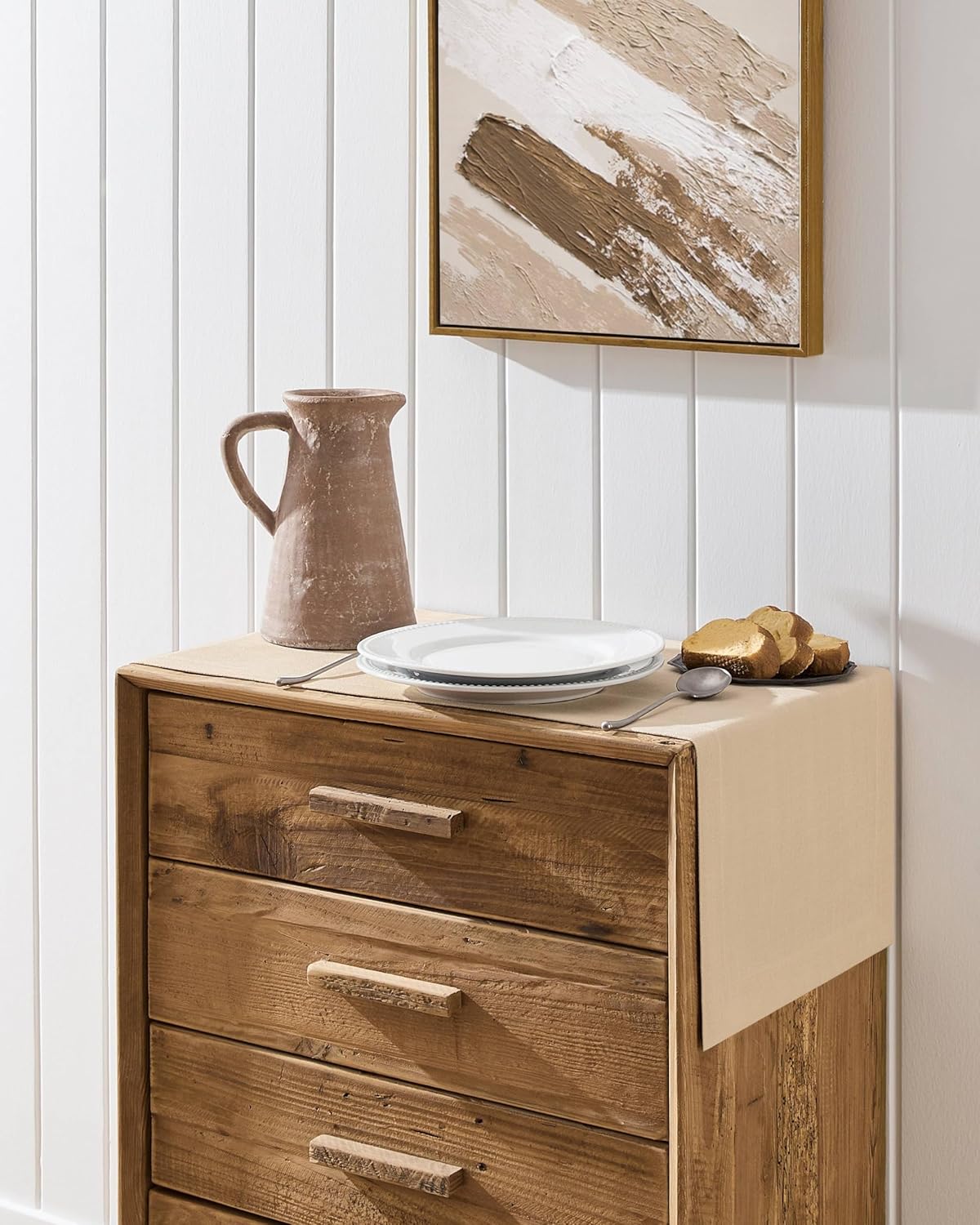 ZeeMart Linen Textured Border Table Runner, 14 x 90 Inch Oatmeal, Farmhouse Style Beige Table Runners 90 Inches Long, Easy Care Everyday Polyester Table Runner