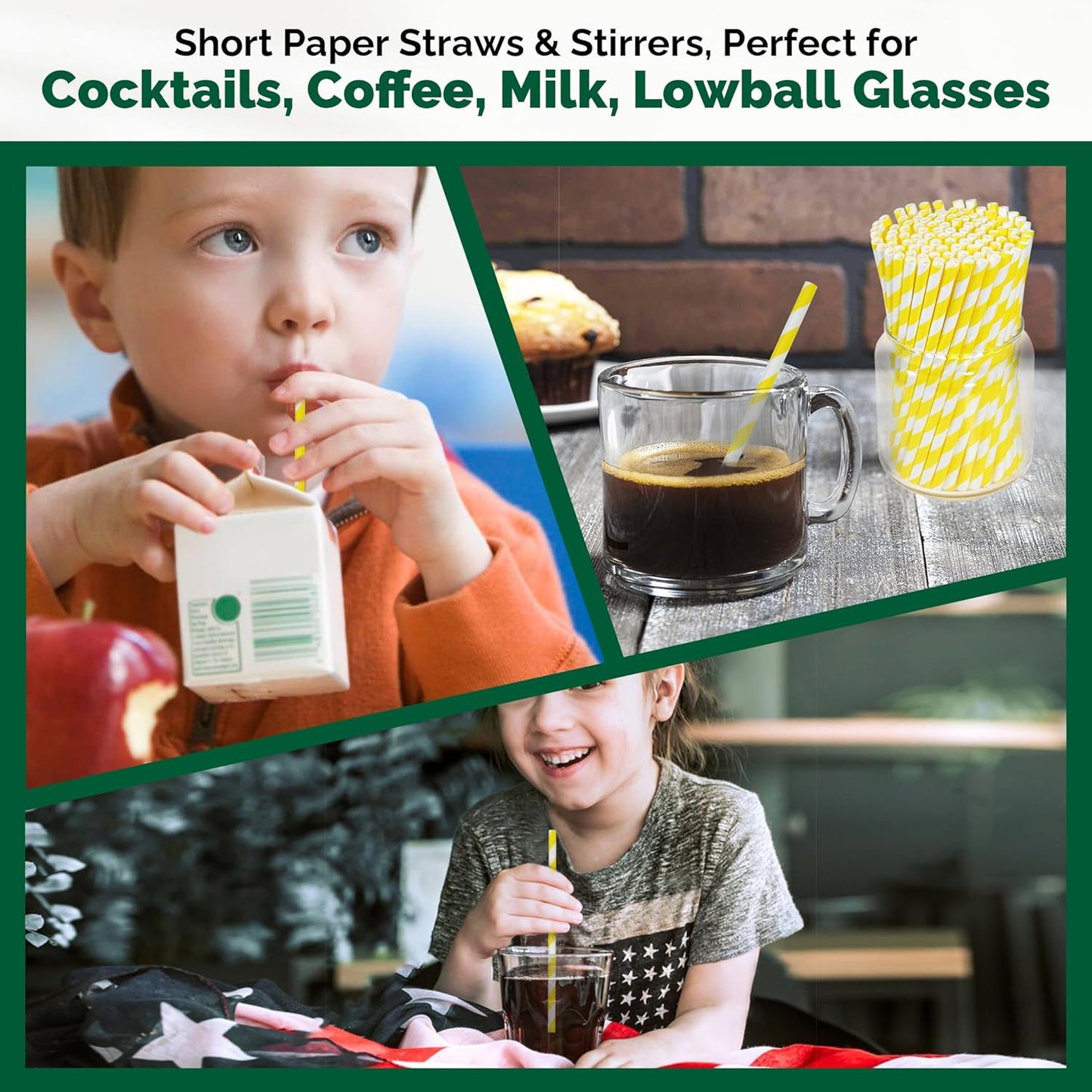 5.75 inch Short Yellow Paper Drinking Straws for Cocktail, Coffee, Mixed Drinks, 500 Counts - Compostable