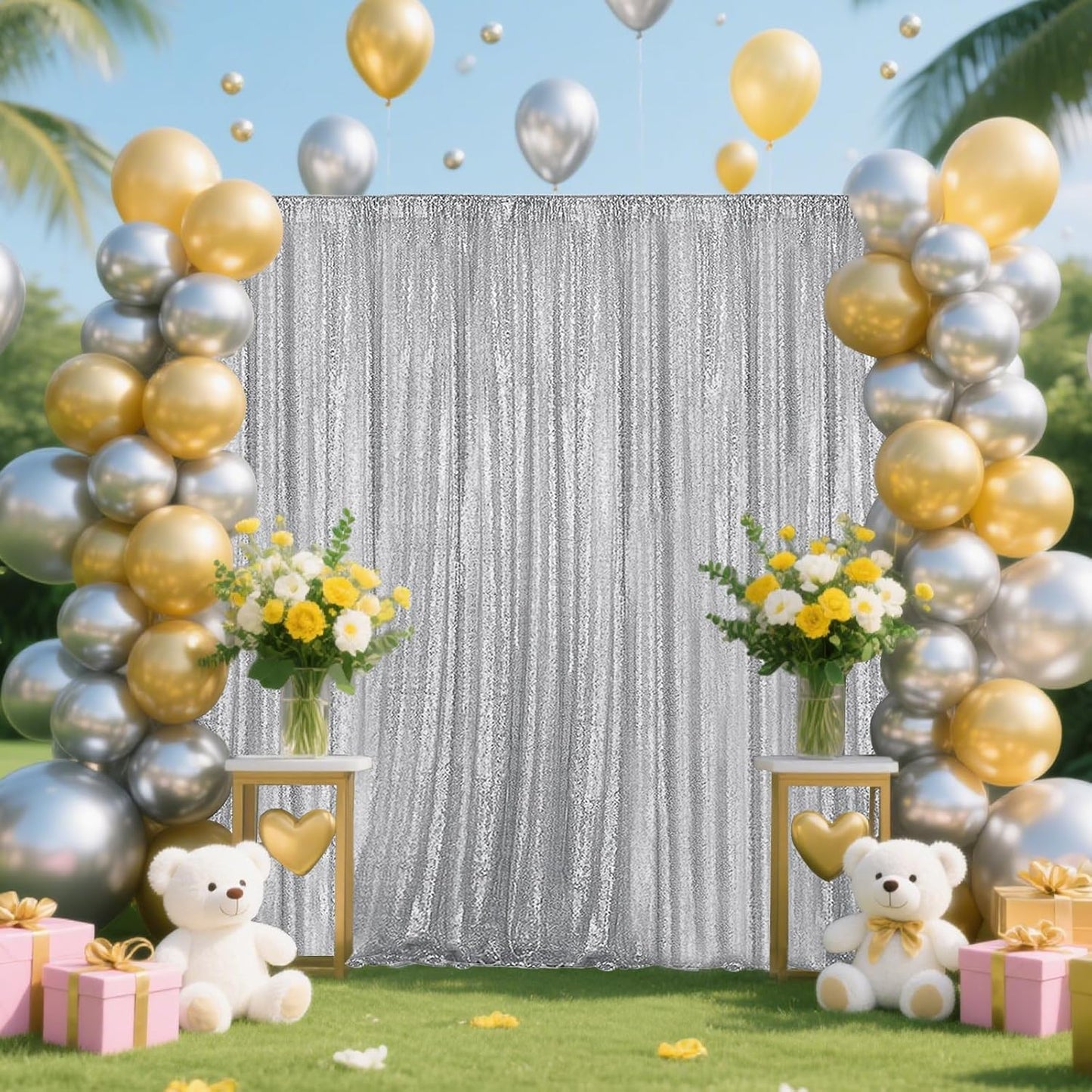 Silver Sequin Backdrop Curtain 2 Pieces 2FTx8FT Glitter Photography Backdrop for Party Wedding Birthday Christmas Decorations