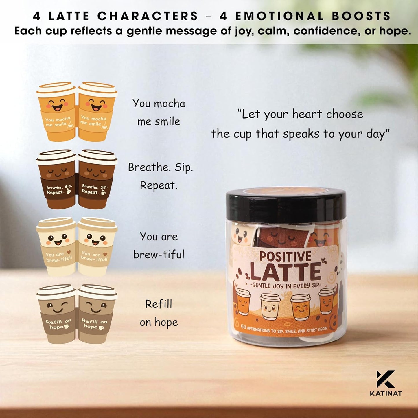 Positive Latte Affirmation Jar – 60pcs Cute Emotional Support Lattes – Coffee Gifts for Women, Men– Birthday Gift, White Elephant Gift for Coworker, Boss, Nurse, Teacher, Teens, Back to School Gifts