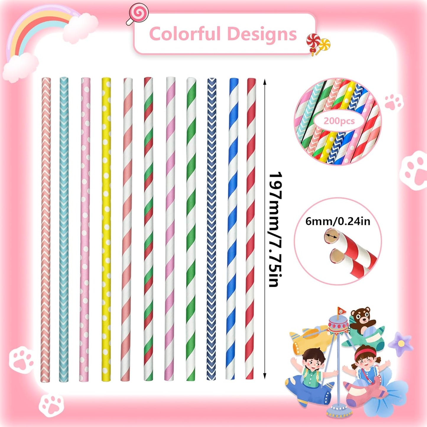 200 Colorful Biodegradable Paper Straws, Stochastic Assorted Striped Straw for Birthdays, Coffee, Cocktail, Lemonade, Milkshake, Weddings, Bridal, Baby Shower, DIY Decorations, Party Supplies