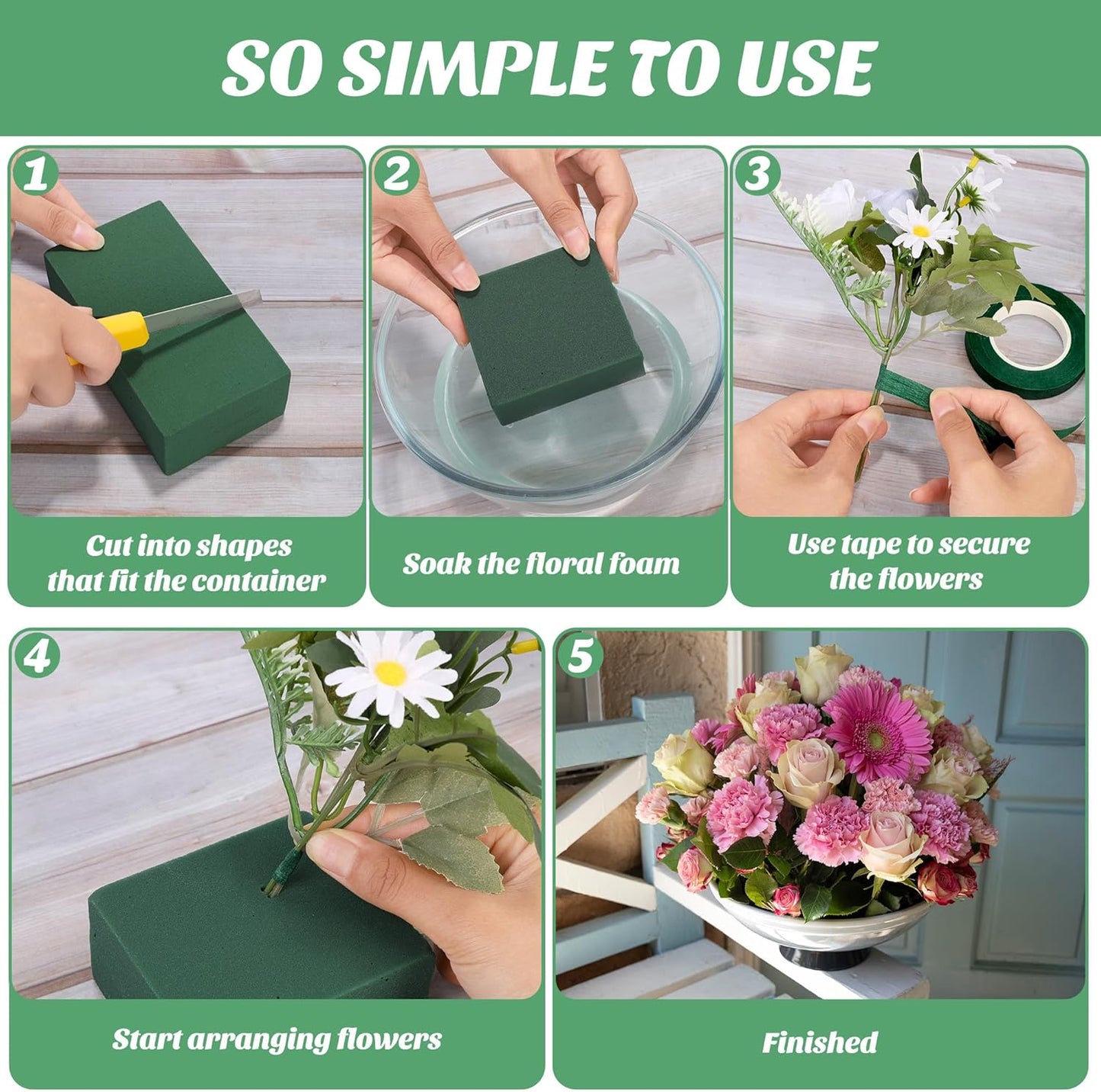 Aneco 12 Pieces Floral Foam Blocks with 3 Rolls Floral Tape 5.5''L x 3.1''W x 1.8''H Green Square Flower Foams Flower Arrangements Supplies for Dry & Wet Flower Wedding Home Decor and DIY Crafts