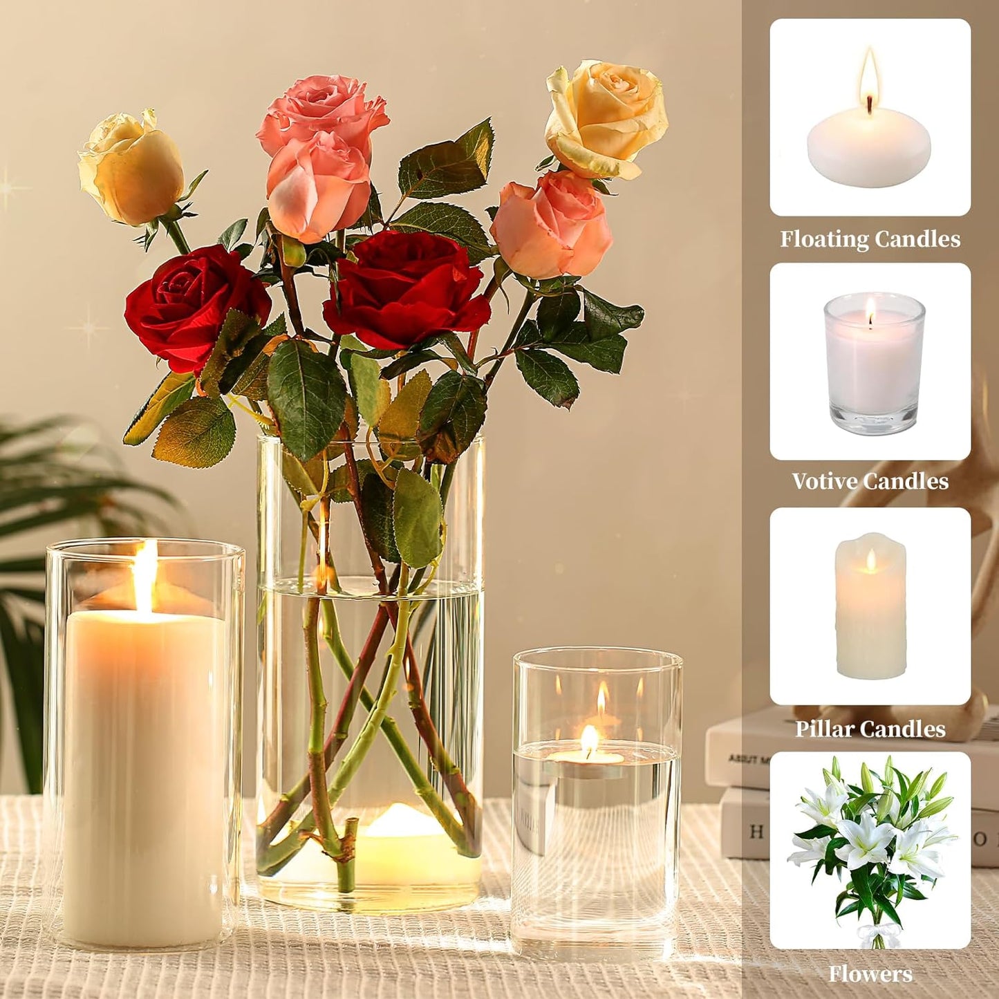 PHOSPHOR Hurricane Candle HoldersFor Pillar Candle Clear Glass Cylinder Centerpieces Vases Table Decoration Centerpiece Floral Room Decor Clear Seeded Bubbles Living Dining Kitchen 3 Pieces