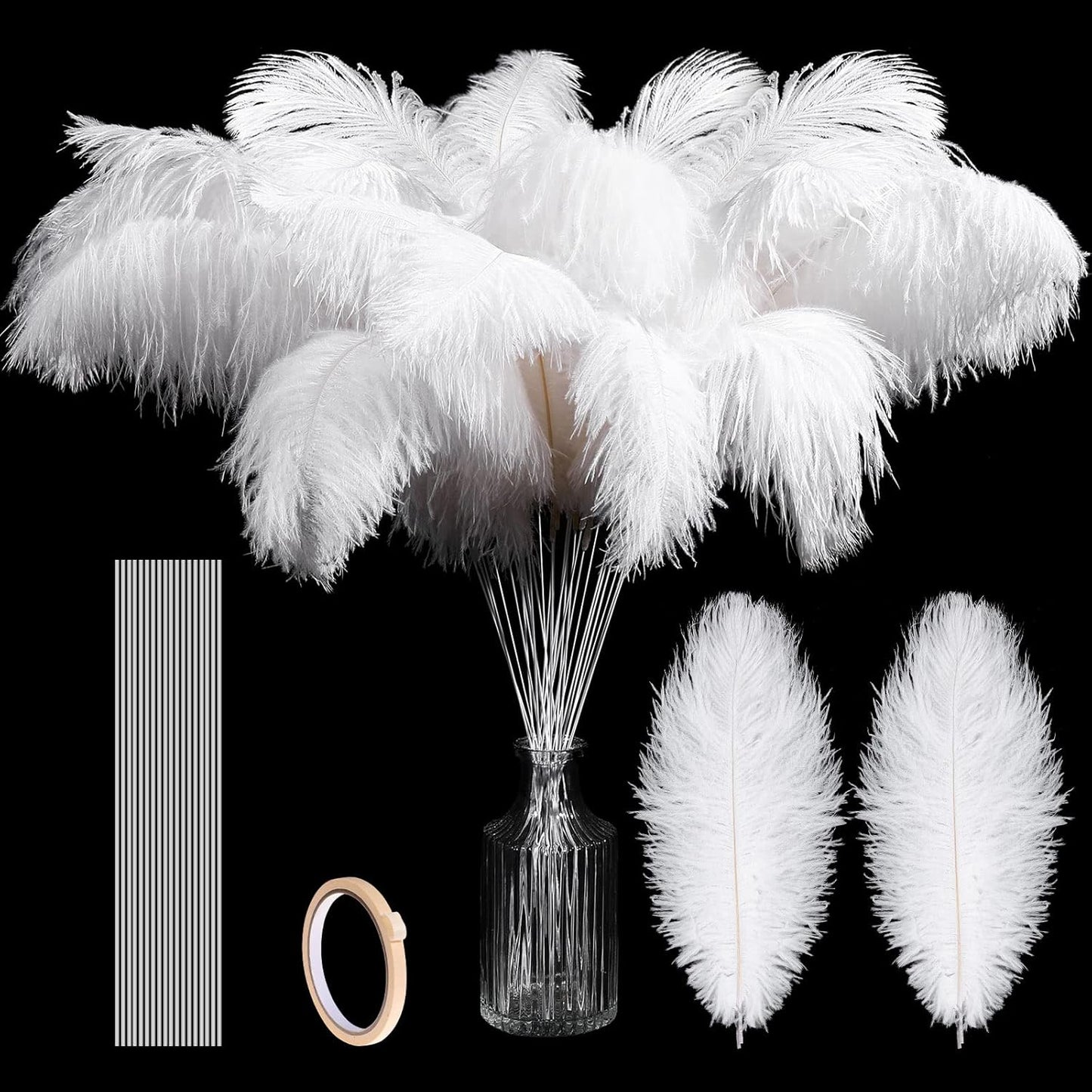 Hanaive 150 Pcs Ostrich Feathers Set Bulk Plumes 12-14 Inch (30-35cm) 70 Pcs Large Ostrich Feathers with 80 Sticks and Tape for DIY Crafts Wedding Home Party Centerpiece Decorations(White)