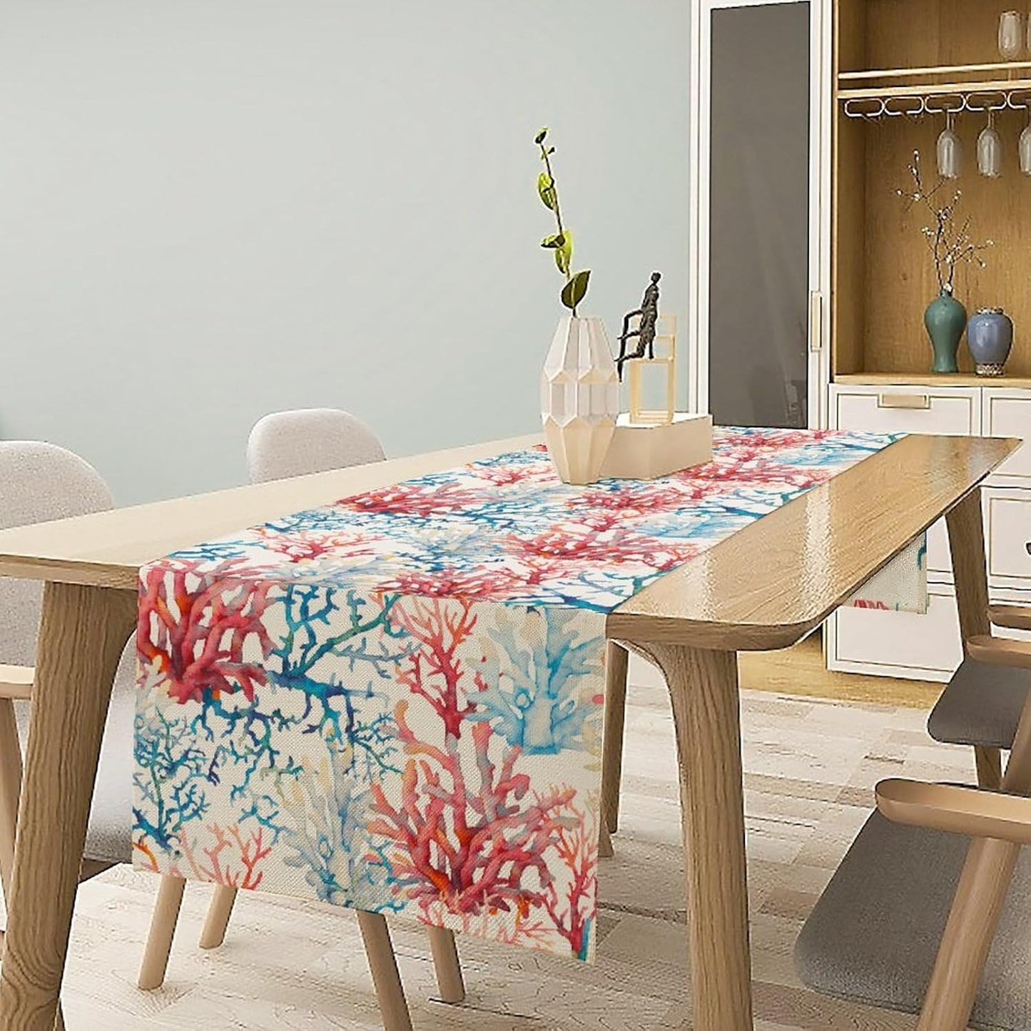 Blue Beach Table Runner, Tropical Ocean Coast Table Runner, Seashell Seasonal Nautical Restaurant Coffee Table Decorations for Home Holiday Party Indoor Outdoor 13x90 Inch