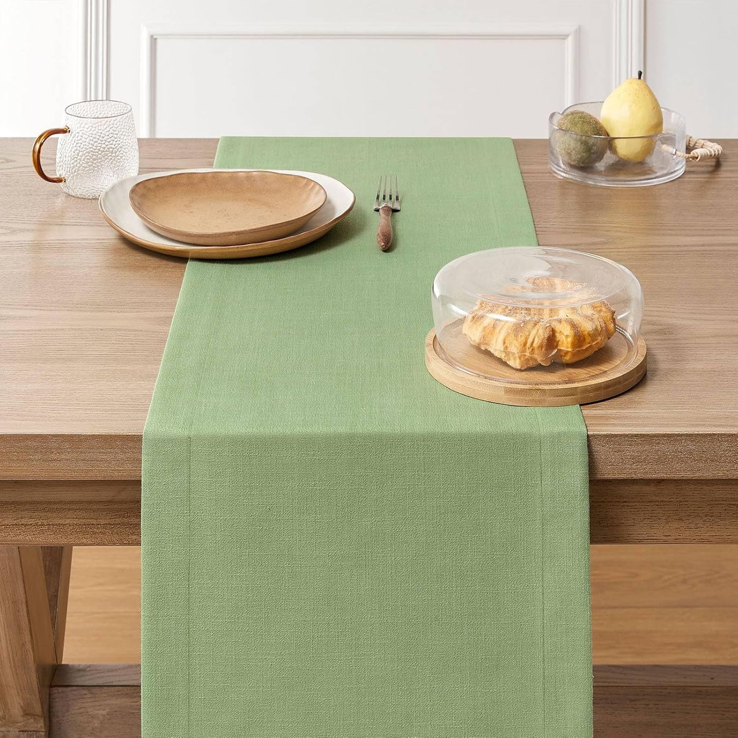 ZeeMart Linen Textured Border Table Runner, 14 x 48 Inch Green, Farmhouse Style Sage Green Table Runners 48 Inches Long, Easy Care Everyday Polyester Table Runner