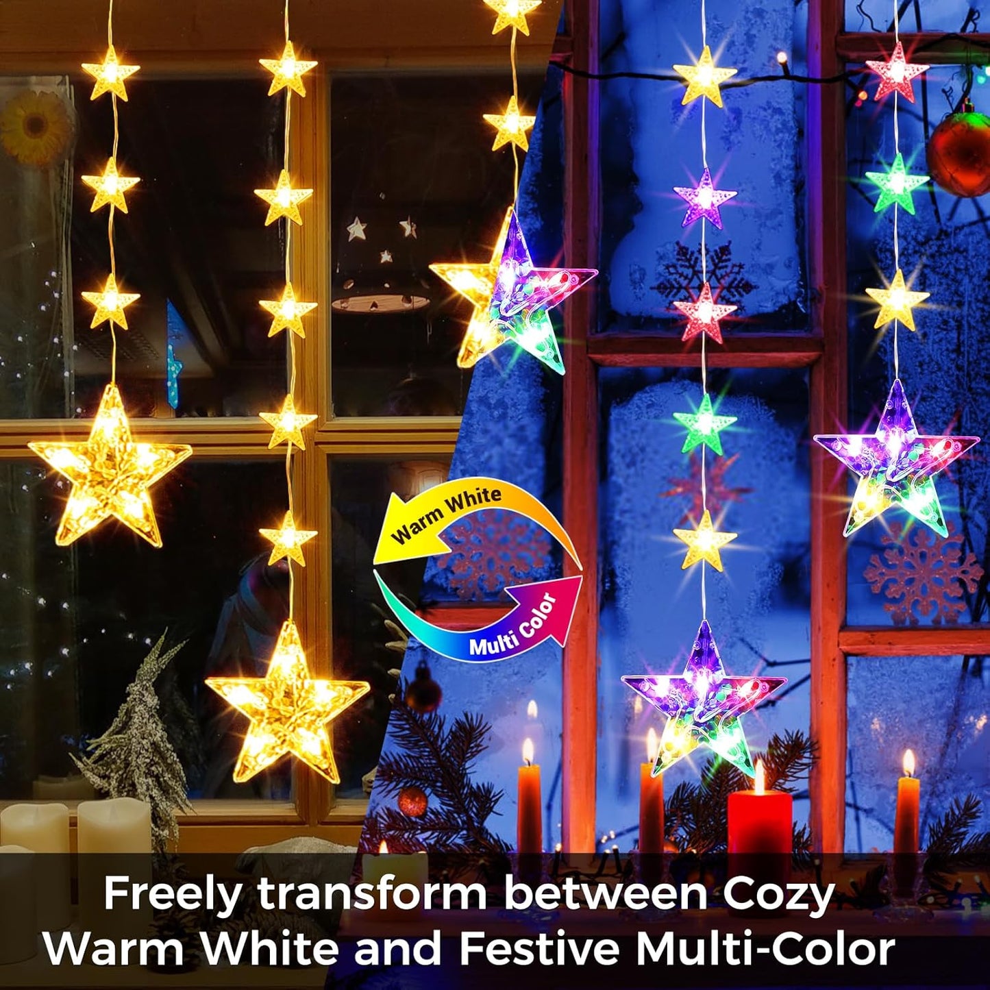 32 Stars Christmas Window Lights, IP65 Waterproof 52 LEDs Twinkle Star Fairy String Lights with 8 Modes Timer, Warm White & Multicolor, Battery Operated Hanging Xmas Star Decoration for Indoor Outdoor