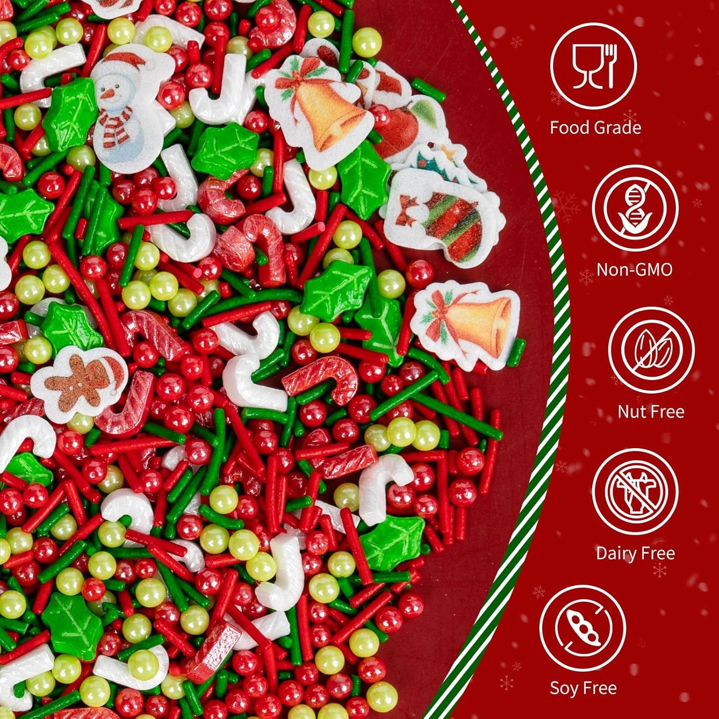 Edible Christmas Sprinkles for Cake Decorating,130g White Red Candy Cane,Red Green Pearls and Jimmies, Christmas Trees and Theme Glutinous Rice Paper,Sugar Holiday sprinkle for Cupcake Toppers, Cookie, Ice Cream Decorations Party Supplies