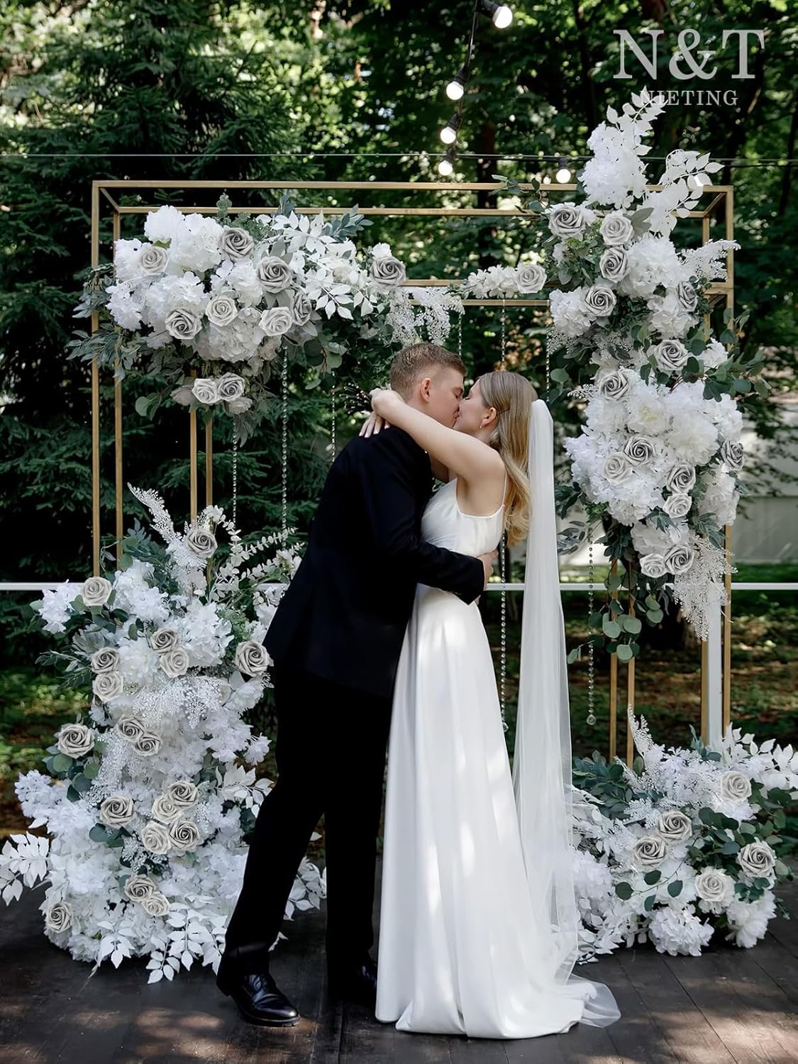 N&T NIETING Artificial Flowers, 25pcs Fake Flowers with Stems for Cake Decoration DIY Wedding Party Baby Shower Decoration, Silver White and Silver Grey