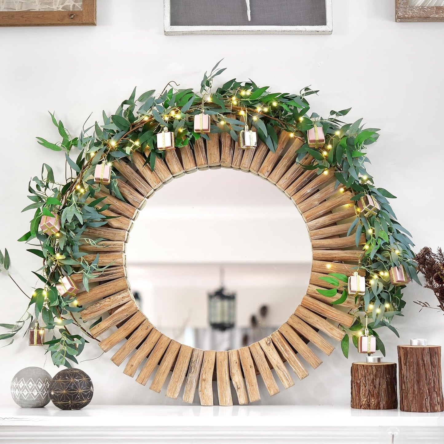 Artificial Willow Garland with USB Fairy String Lights & Pink Gift Box Ornaments – 2-Pack Lighted Greenery Vine, with Remote for Mantels, Weddings, Fireplace, Holidays, Parties & Everyday Home Decor