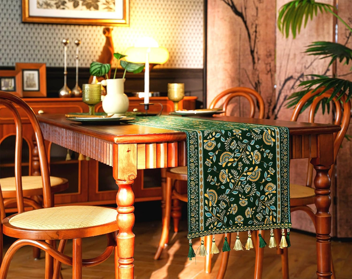 13×72 Inch Table Runner, Retro-Luxury Tassels Series for Kitchen Dining Table Holiday Decoration (Green Branch)