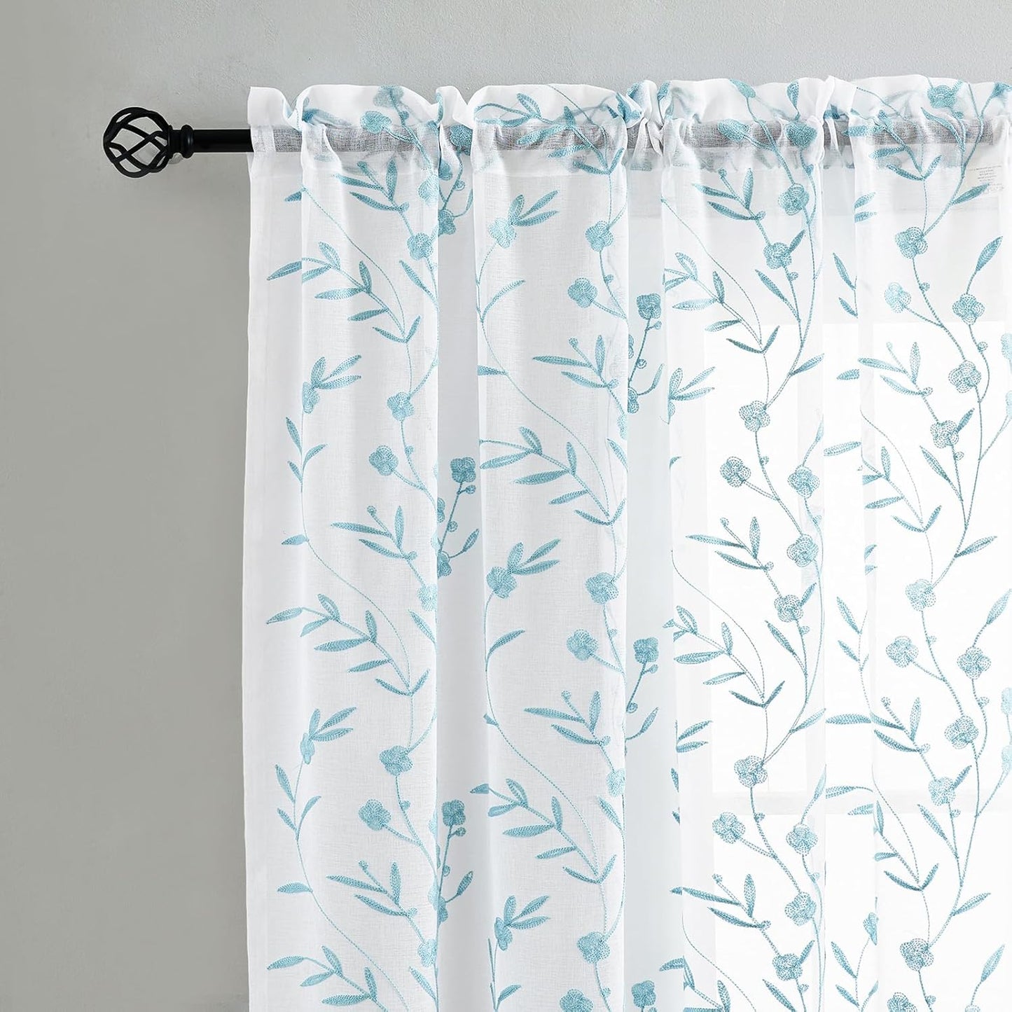 Sheer Curtains White-Blue 45 Inches Long Floral Embroidery Rod Pocket Voile Drapes for Living room, Bedroom, Window Treatments Semi Lace Outdoor Curtain Panels for Yard, Kitchen, Set of 2, 52"x 45".