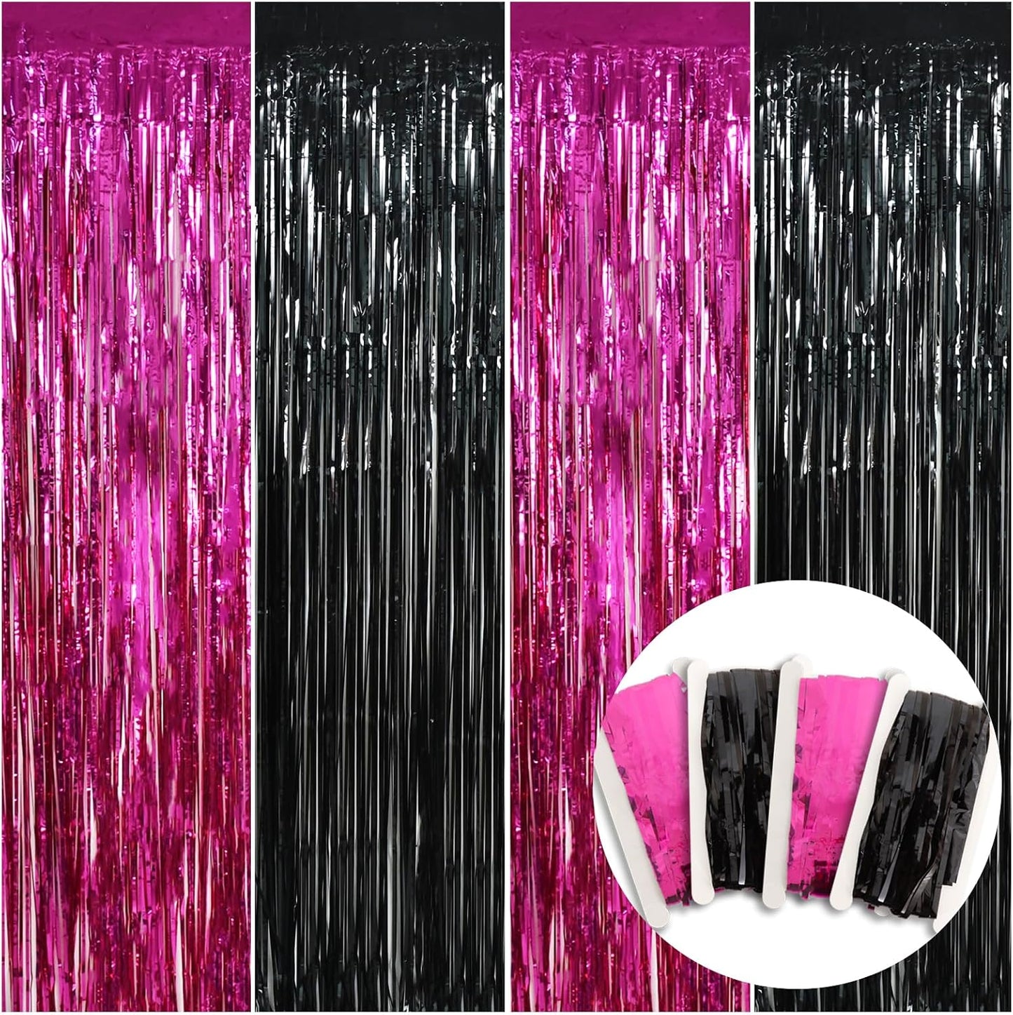 BEISHIDA 4 Pcs Hot Pink Black Door Streamers Curtain Party Streamers Backdrop Pink Party Hot Pink Wall Background for Party Decoration Photo Booth Props(3.28 ft x 6.56 ft)