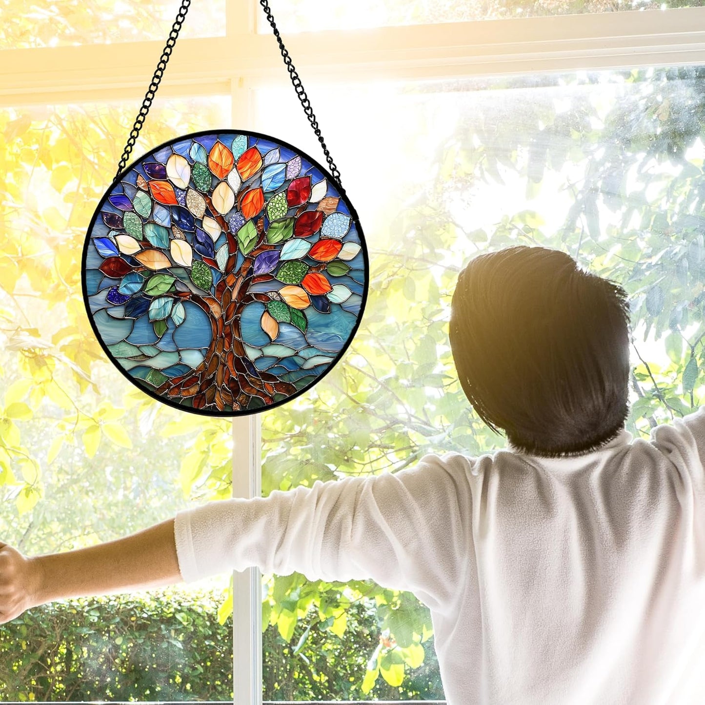 Stained Glass Window Hanging, Colorful Tree of Life Sun Catchers Glass Panel Blue Suncatcher Decor for Birthday for Women, Men, Wife, Aunt, and Mom 11.8x11.8 in