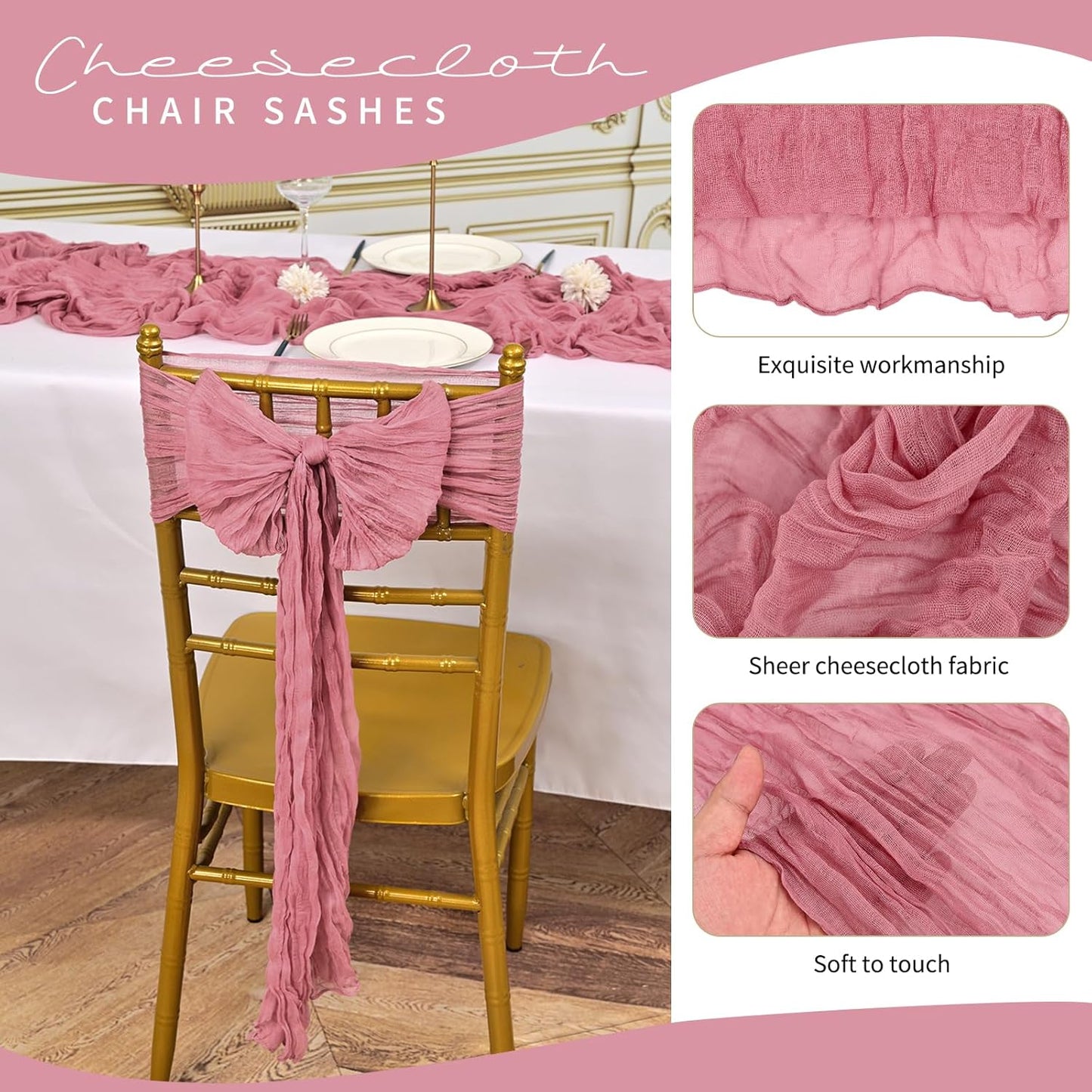50 PCS Cheesecloth Chair Sashes, Bows Designed ChairSashes, 15.7x108 inch Chair Sashes for Aisle Decorations Universal Chairs Cover Decoration for Wedding Reception Party Banquet (Dusty Rose)