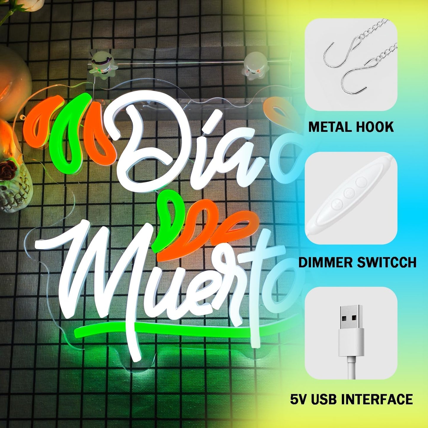 Mexican Dia De Los Muertos Neon Sign Day of the Dead Neon Sign Dimmable LED Neon Light for Home Bar Decor Dia De Los Muertos Party Decoration