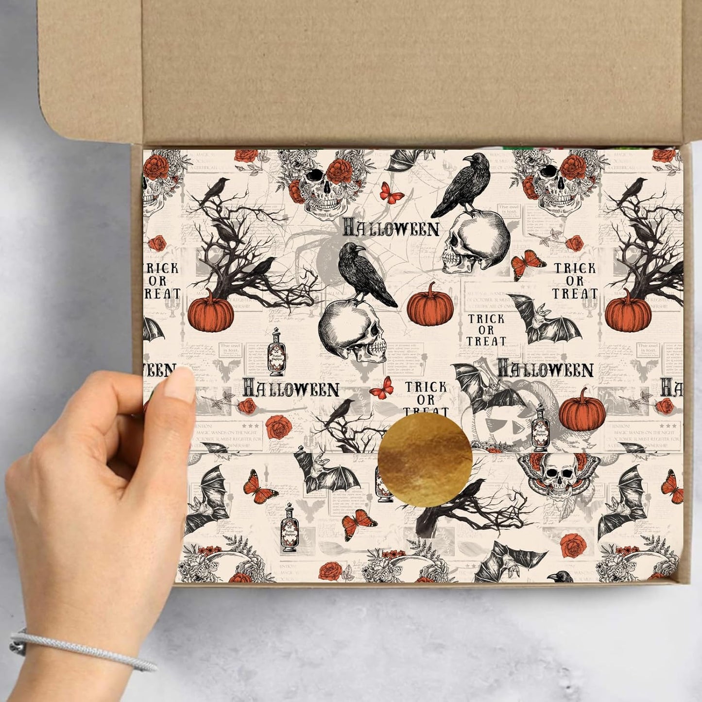 JarThenaAMCS 60 Pcs Halloween Tissue Paper Retro Gothic Skull Crow Pumpkin Wrapping Paper Decorative Art Tissue for Home Party Trick or Treat DIY Crafts, 14 x 20 Inch