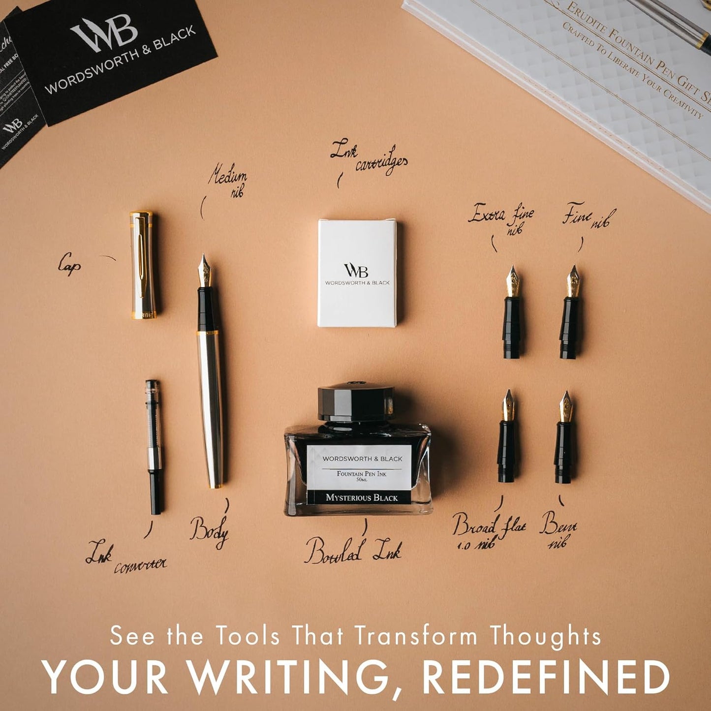 Wordsworth & Black Fountain Pen Gift Set, Includes Ink Bottle, 6 Ink Cartridges & A Refill Converter, 4 Replacement Nibs, Premium Package, Journaling, Calligraphy, Smooth Writing Pens [Silver Chrome]