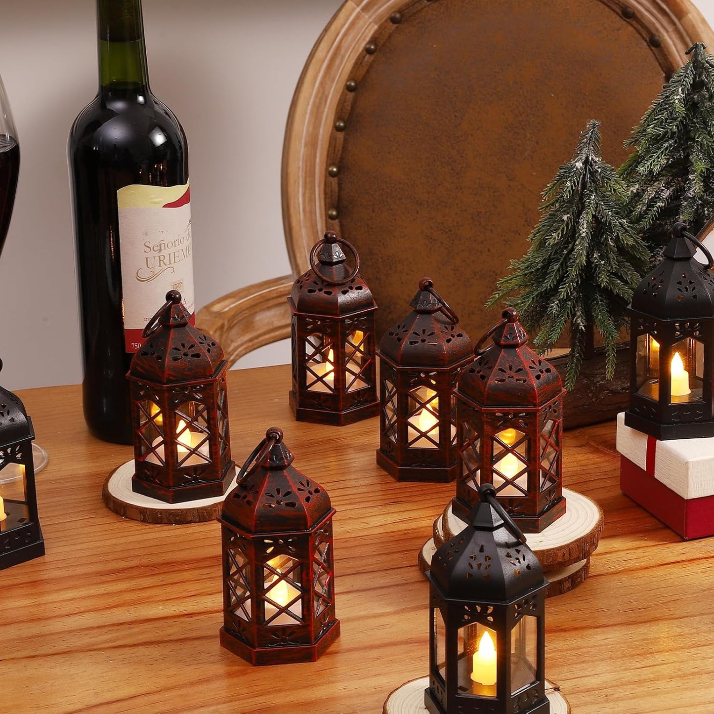 LLQ 12PCS Brushed Red Mini Lantern with LED Tealight for Halloween Decorations, Small Moroccan Lanterns for Wedding Decor, Vintage Christmas Lights for Table Centerpiece, Hanging Ornaments Bulk