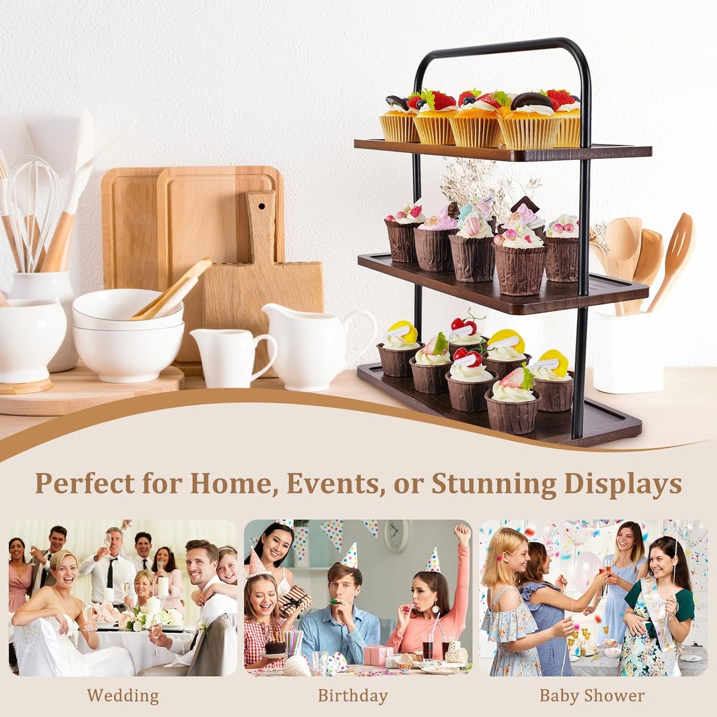 Solid Hardwood Cupcake Stand (Not Medium Density Fiberboard/Plywood), Raised Edges for 50 Cupcakes, 3 Tier Wooden Dessert Holder for Party, Woodsy Rustic Tower for Decor/Wedding/Birthday