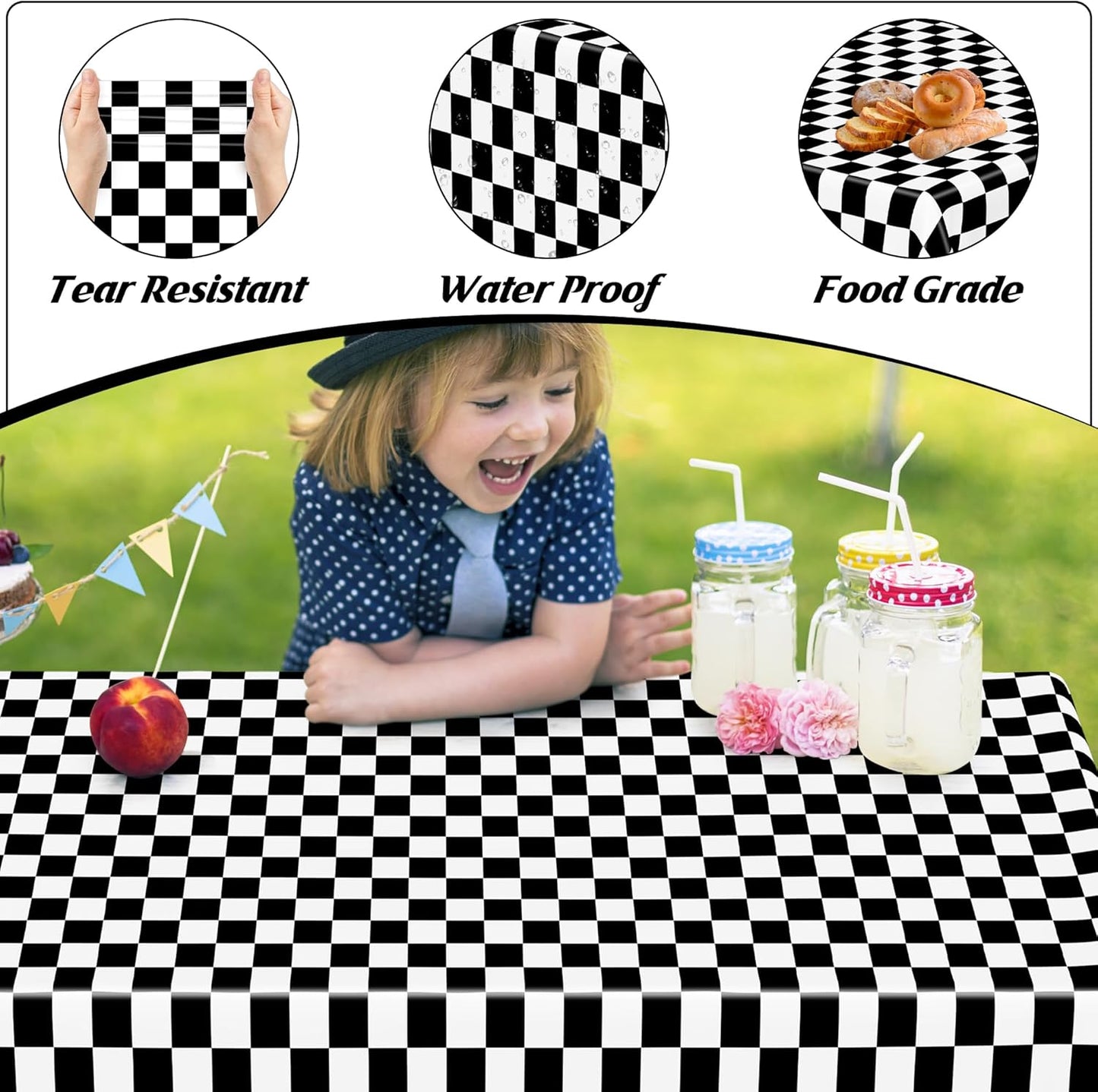 QZYL 4Pack Plastic Table Cloth Disposable, 54" x 108" Waterproof Tablecloths Rectangular, Black and White Checkered Table Cover for Picnic Birthday Party Supplies Outdoor Gathering BBQ Holiday Dinner