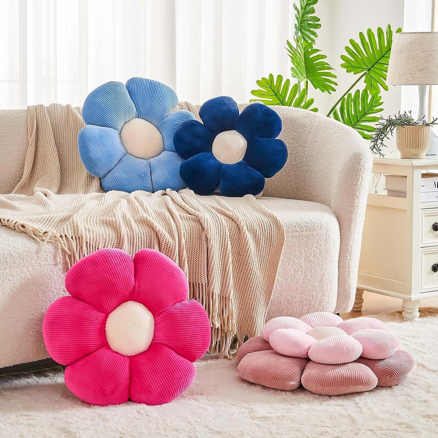 Navy Flower Pillow, 17.7" Cute Flower Shaped Floor Pillow, Aesthetic Floral Plush Daisy Decorative Throw Pillows for Bed Sofa Couch