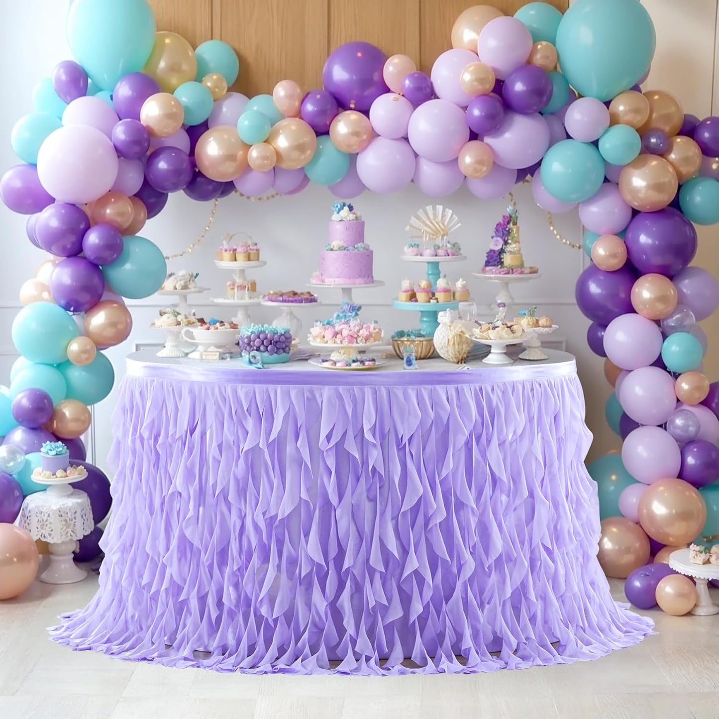 PARTISKY Lavender Purple Tulle Curly Willow Table Skirt for Rectangle Table 14ft, Ruffle Tutu Table Cloth for Girls Boys Baby Shower,Mermaid Birthday Party