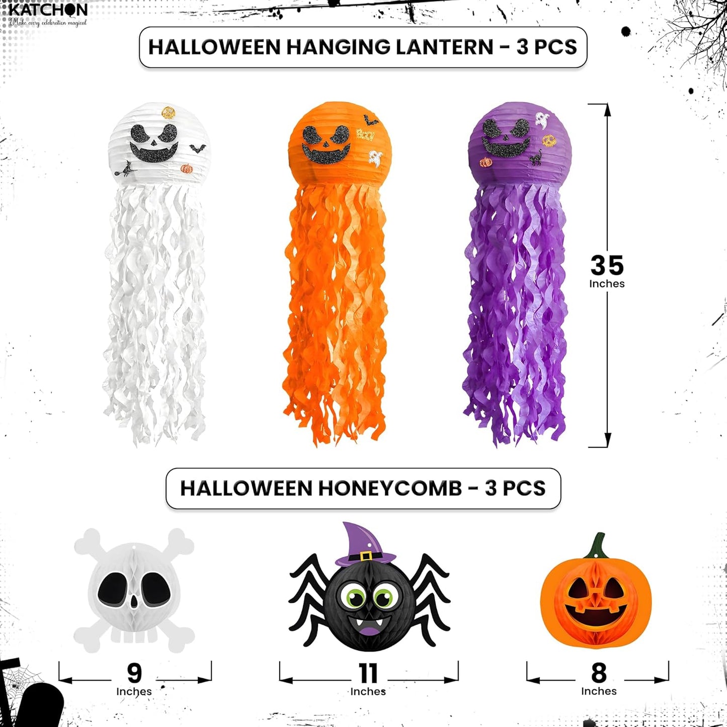 KatchOn, Halloween Paper Lanterns & Honeycomb Set – Pack 6 | Hanging Halloween Decorations Indoor, Outdoor | Paper Jack o Lantern Decor | Spooky Halloween Decorations