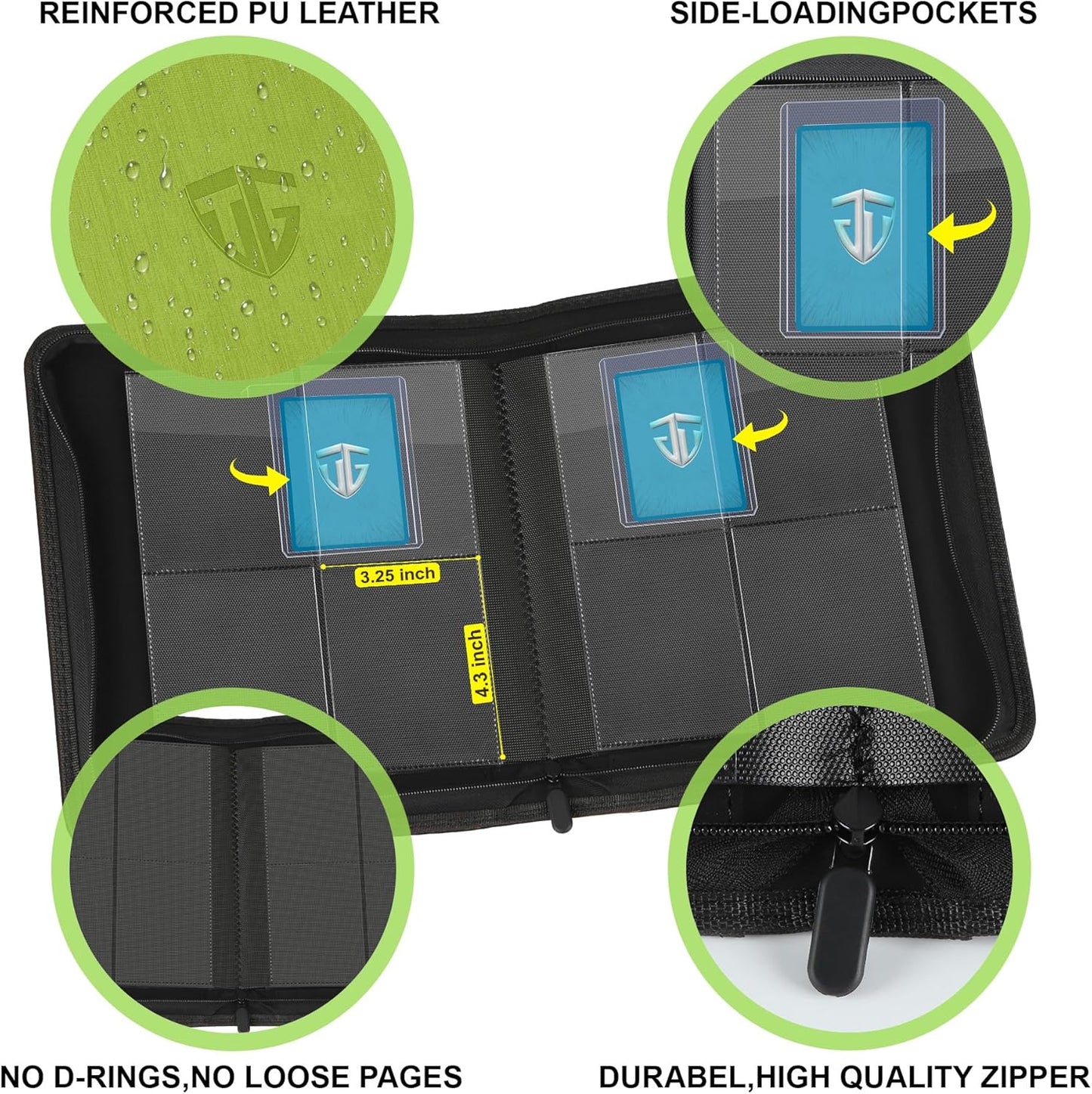 Toploader Binder,Holds 112 Toploaders, 4 Pocket Top Loader Binder for 3" x 4" Rigid Card Holders for Trading Cards or Sports Cards Binders (Green)