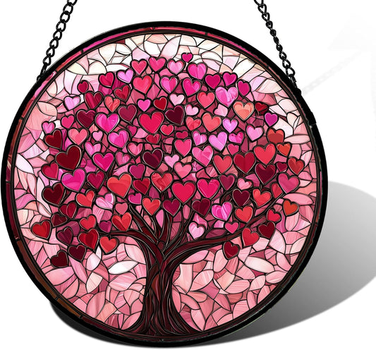 Stained Glass Window Hanging - DASTOLL, Birthday Gifts for Women Men Mom Dad, Pink Love Tree Suncatcher for Doors Window Home Sun Catchers Decor 6.3 in