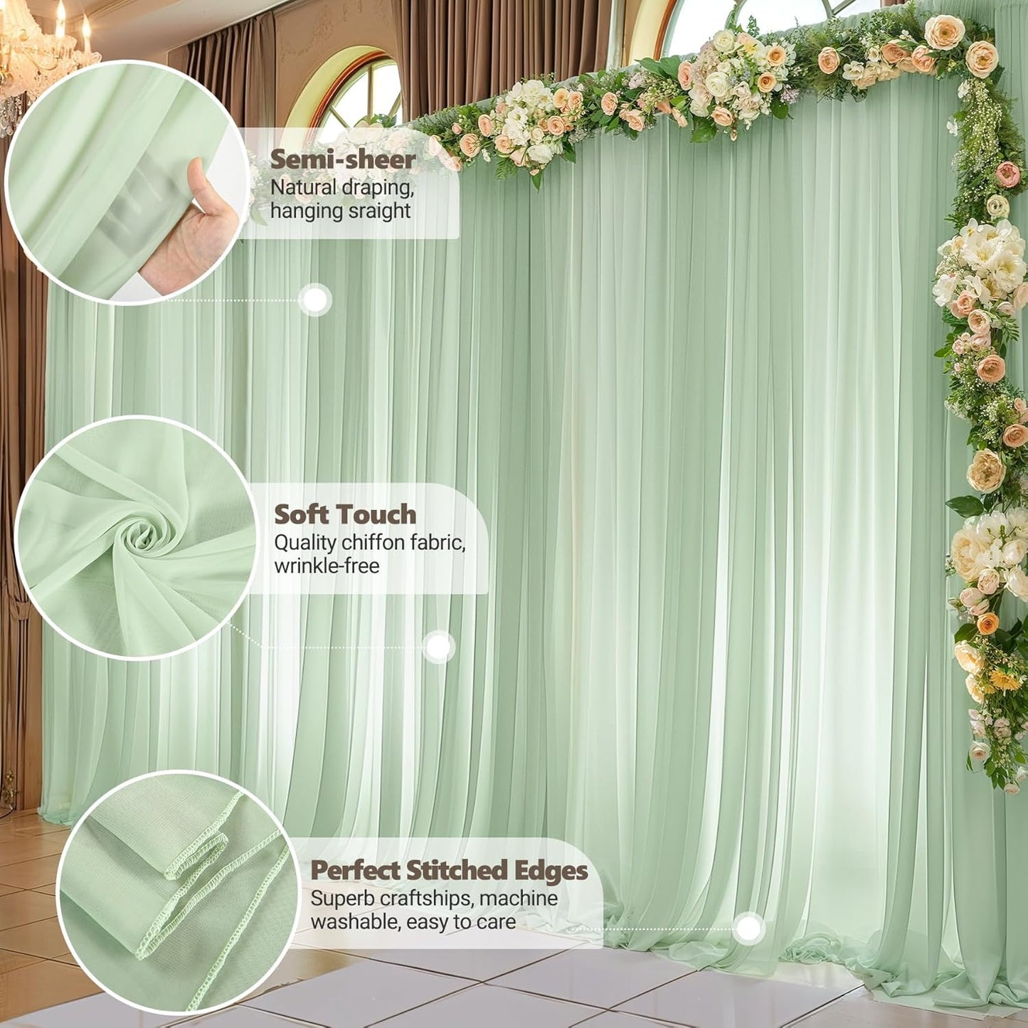 10ft x 10ft Sage Green Backdrop Curtains, Wrinkle-Free Sheer Chiffon Fabric Backdrop Drapes for Wedding Arch Party Ceremony Stage Photo Decoration