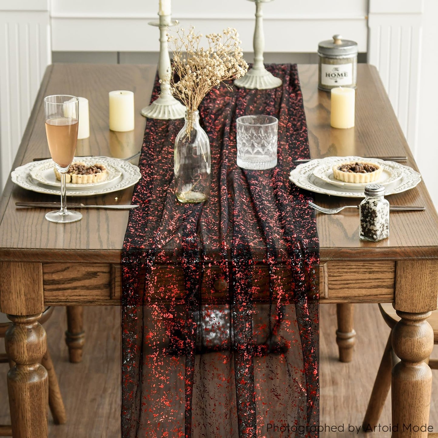 Artoid Mode Black Red Gold Gauze Table Runner 120 Inch 10FT, Glitter Metallic Foil Sheer Dining Wedding Anniversary Holiday Table Decor for Home Party