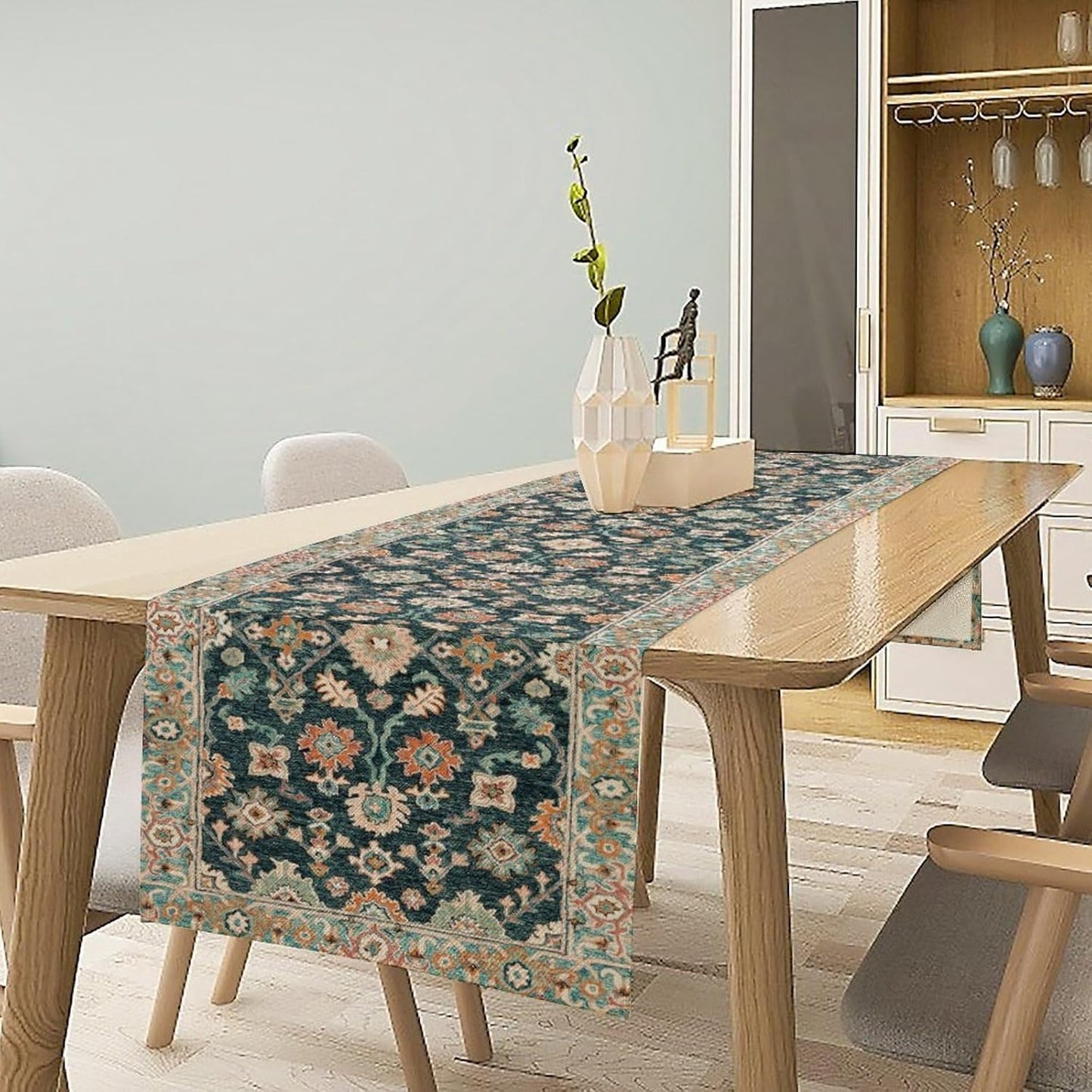 Vintage Boho Floral Table Runner, Rustic Country Farmhouse Blue Teal Red Bohemia Flower Pattern for Home Kitchen Table Decor Dining Coffee Room Party Decor 13x90in